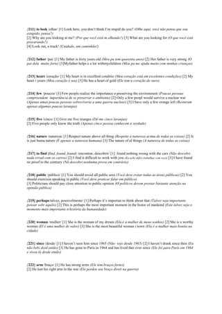 {211} to look /olhar/ [1] Look here, you don’t think I’m stupid do you? (Olhe aqui, você não pensa que sou
estúpido, pensa?)
[2] Why are you looking at me? (Por que você está m olhando?) [3] What are you looking for (O que você está
procurando?)
[4] Look out, a truck! (Cuidado, um caminhão!)
{212} father /pai/ [1] My father is forty years old (Meu pa tem quarenta anos) [2] Her father is very strong (O
pai dela muito forte) [3]Myfather helps e a lot withmychildren (Meu pa me ajuda muito com minhas crianças)
{213} heart /coração/ [1] My heart is in excellent conditio (Meu coração está em excelentes condições) [2] My
heart i yours (Meu coração é seu) [3] He has a heart of gold (Ele tem u coração de ouro)
{214} few /poucos/ [1] Few people realize the importance o preserving the environment (Poucas pessoas
compreendem importância de se preservar o ambiente) [2] Only a few peopl would survive a nuclear war
(Apenas umas poucas pessoas sobreviveria a uma guerra nuclear) [3] I have only a few orange left (Restaram
apenas algumas poucas laranjas)
{215} five /cinco/ [1] Give me five oranges (Dê-me cinco laranjas)
[2] Five people only know the truth (Apenas cinco pessoa conhecem a verdade)
{216} nature /natureza/ [1] Respect nature above all thing (Respeite a natureza acima de todas as coisas) [2] It
is just huma nature (É apenas a natureza humana) [3] The nature of al things (A natureza de todas as coisas)
{217} to find (find, found, found) /encontrar, descobrir/ [1] found nothing wrong with the cars (Não descobri
nada errad com os carros) [2] I find it difficult to work with you (Eu acho difíci trabalhar com você) [3] I have found
no proof to the contrary (Nã descobri nenhuma prova em contrário)
{218} public /público/ [1] You should avoid all public area (Você deve evitar todas as áreas públicas) [2] You
should exercisin speaking in public (Você deve praticar falar em público)
[3] Politicians should pay close attention to public opinion (O políticos devem prestar bastante atenção na
opinião pública)
{219} perhaps/talvez, possivelmente/ [1] Perhaps it’s importan to think about that (Talvez seja importante
pensar sobr aquilo) [2] This is perhaps the most important moment in the histor of mankind (Este talvez seja o
momento mais importante n história da humanidade)
{220} woman /mulher/ [1] She is the woman of my dream (Ela é a mulher de meus sonhos) [2] She is a worthy
woman (El é uma mulher de valor) [3] She is the most beautiful woman i town (Ela é a mulher mais bonita na
cidade)
{221} since /desde/ [1] I haven’t seen him since 1965 (Não vejo desde 1965) [2] I haven’t drank since then (Eu
não bebi desd então) [3] He has gone to Paris in 1964 and has lived ther ever since (Ele foi para Paris em 1964
e viveu lá desde então)
{222} arm /braço/ [1] He has strong arms (Ele tem braços fortes)
[2] He lost his right arm in the war (Ele perdeu seu braço direit na guerra)
 