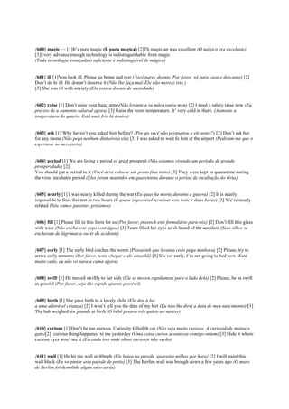 {600} magic — [1]It’s pure magic (É pura mágica) [2]Th magician was excellent (O mágico era excelente)
[3]Every advance enough technology is indistinguishable from magic
(Toda tecnologia avançada o suficiente é indistinguível de mágica)
{601} ill [1]You look ill. Please go home and rest (Você parec doente. Por favor, vá para casa e descanse) [2]
Don’t do hi ill. He doesn’t deserve it (Não lhe faça mal. Ele não merece isto.)
[3] She was ill with anxiety (Ela estava doente de ansiedade)
{602} raise [1] Don’t raise your hand atme(Não levante a su mão contra mim) [2] I need a salary raise now (Eu
preciso de u aumento salarial agora) [3] Raise the room temperature. It’ very cold in there. (Aumente a
temperatura do quarto. Está muit frio lá dentro)
{603} ask [1] Why haven’t you asked him before? (Por qu você não perguntou a ele antes?) [2] Don’t ask her
for any mone (Não peça nenhum dinheiro a ela) [3] I was asked to wait fo him at the airport (Pediram-me que o
esperasse no aeroporto)
{604} period [1] We are living a period of great prosperit (Nós estamos vivendo um período de grande
prosperidade) [2]
You should put a period to it (Você deve colocar um ponto fina nisto) [3] They were kept in quarantine during
the virus incubatio period (Eles foram mantidos em quarentena durante o períod de incubação do vírus)
{605} nearly [1] I was nearly killed during the war (Eu quas fui morto durante a guerra) [2] It is nearly
impossible to finis this test in two hours (É quase impossível terminar este teste e duas horas) [3] We’re nearly
related (Nós somos parentes próximos)
{606} fill [1] Please fill in this form for us (Por favor, preench este formulário para nós) [2] Don’t fill this glass
with wate (Não encha este copo com água) [3] Tears filled her eyes as sh heard of the accident (Seus olhos se
encheram de lágrimas a ouvir do acidente)
{607} early [1] The early bird catches the worm (Passarinh que levanta cedo pega minhoca) [2] Please, try to
arrive early tomorro (Por favor, tente chegar cedo amanhã) [3] It’s ver early, I’m not going to bed now (Está
muito cedo, eu não vo para a cama agora)
{608} swift [1] He moved swiftly to her side (Ele se moveu rapidament para o lado dela) [2] Please, be as swift
as possibl (Por favor, seja tão rápido quanto possível)
{609} birth [1] She gave birth to a lovely child (Ela deu à luz
a uma adorável criança) [2] I won’t tell you the date of my birt (Eu não lhe direi a data de meu nascimento) [3]
The bab weighed six pounds at birth (O bebê pesava três quilos ao nascer)
{610} curious [1] Don’t be too curious. Curiosity killed th cat (Não seja muito curioso. A curiosidade matou o
gato)[2] curious thing happened to me yesterday (Uma coisa curios aconteceu comigo ontem) [3] Hide it where
curious eyes won’ see it (Esconda isto onde olhos curiosos não verão)
{611} wall [1] He hit the wall at 40mph (Ele bateu na parede quarenta milhas por hora) [2] I will paint this
wall black (Eu vo pintar esta parede de preto) [3] The Berlim wall was brough down a few years ago (O muro
de Berlim foi demolido algun anos atrás)
 