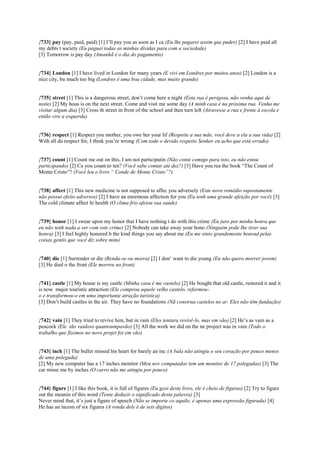 {733} pay (pay, paid, paid) [1] I’ll pay you as soon as I ca (Eu lhe pagarei assim que puder) [2] I have paid all
my debts t society (Eu paguei todas as minhas dívidas para com a sociedade)
[3] Tomorrow is pay day (Amanhã é o dia do pagamento)
{734} London [1] I have lived in London for many years (E vivi em Londres por muitos anos) [2] London is a
nice city, bu much too big (Londres é uma boa cidade, mas muito grande)
{735} street [1] This is a dangerous street, don’t come here a night (Esta rua é perigosa, não venha aqui de
noite) [2] My hous is on the next street. Come and visit me some day (A minh casa é na próxima rua. Venha me
visitar algum dia) [3] Cross th street in front of the school and then turn left (Atravesse a rua e frente à escola e
então vire a esquerda)
{736} respect [1] Respect you mother, you owe her your lif (Respeite a sua mãe, você deve a ela a sua vida) [2]
With all du respect Sir, I think you’re wrong (Com todo o devido respeito Senhor eu acho que está errado)
{737} count [1] Count me out on this, I am not participatin (Não conte comigo para isto, eu não estou
participando) [2] Ca you count to ten? (Você sabe contar até dez?) [3] Have you rea the book “The Count of
Monte Cristo”? (Você leu o livro “ Conde de Monte Cristo”?)
{738} affect [1] This new medicine is not supposed to affec you adversely (Este novo remédio supostamente
não possui efeito adversos) [2] I have an enormous affection for you (Eu tenh uma grande afeição por você) [3]
The cold climate affect hi health (O clima frio afetou sua saúde)
{739} honor [1] I swear upon my honor that I have nothing t do with this crime (Eu juro por minha honra que
eu não tenh nada a ver com este crime) [2] Nobody can take away your hono (Ninguém pode lhe tirar sua
honra) [3] I feel highly honored b the kind things you say about me (Eu me sinto grandemente honrad pelas
coisas gentis que você diz sobre mim)
{740} die [1] Surrender or die (Renda-se ou morra) [2] I don’ want to die young (Eu não quero morrer jovem)
[3] He died o the front (Ele morreu no front)
{741} castle [1] My house is my castle (Minha casa é me castelo) [2] He bought that old castle, restored it and it
is now major touristic attraction (Ele comprou aquele velho castelo, reformou-
o e transformou-o em uma importante atração turística)
[3] Don’t build castles in the air. They have no foundations (Nã construa castelos no ar. Eles não têm fundação)
{742} vain [1] They tried to revive him, but in vain (Eles tentara revivê-lo, mas em vão) [2] He’s as vain as a
peacock (Ele tão vaidoso quantoumpavão) [3] All the work we did on the ne project was in vain (Todo o
trabalho que fizemos no novo projet foi em vão)
{743} inch [1] The bullet missed his heart for barely an inc (A bala não atingiu o seu coração por pouco menos
de uma polegada)
[2] My new computer has a 17 inches monitor (Meu nov computador tem um monitor de 17 polegadas) [3] The
car misse me by inches (O carro não me atingiu por pouco)
{744} figure [1] I like this book, it is full of figures (Eu gost deste livro, ele é cheio de figuras) [2] Try to figure
out the meanin of this word (Tente deduzir o significado desta palavra) [3]
Never mind that, it’s just a figure of speech (Não se importe co aquilo, é apenas uma expressão figurada) [4]
He has an incom of six figures (A renda dele é de seis dígitos)
 