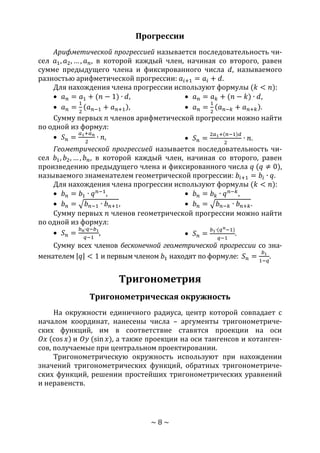 ~ 8 ~
Прогрессии
Арифметической прогрессией называется последовательность чи-
сел 𝑎1, 𝑎2, … , 𝑎 𝑛, в которой каждый член, начиная со второго, равен
сумме предыдущего члена и фиксированного числа 𝑑, называемого
разностью арифметической прогрессии: 𝑎𝑖+1 = 𝑎𝑖 + 𝑑.
Для нахождения члена прогрессии используют формулы (𝑘 < 𝑛):
 𝑎 𝑛 = 𝑎1 + (𝑛 − 1) ∙ 𝑑,
 𝑎 𝑛 =
1
2
(𝑎 𝑛−1 + 𝑎 𝑛+1),
 𝑎 𝑛 = 𝑎 𝑘 + (𝑛 − 𝑘) ∙ 𝑑,
 𝑎 𝑛 =
1
2
(𝑎 𝑛−𝑘 + 𝑎 𝑛+𝑘).
Сумму первых 𝑛 членов арифметической прогрессии можно найти
по одной из формул:
 𝑆 𝑛 =
𝑎1+𝑎 𝑛
2
∙ 𝑛,  𝑆 𝑛 =
2𝑎1+(𝑛−1)𝑑
2
∙ 𝑛.
Геометрической прогрессией называется последовательность чи-
сел 𝑏1, 𝑏2, … , 𝑏 𝑛, в которой каждый член, начиная со второго, равен
произведению предыдущего члена и фиксированного числа 𝑞 (𝑞 ≠ 0),
называемого знаменателем геометрической прогрессии: 𝑏𝑖+1 = 𝑏𝑖 ∙ 𝑞.
Для нахождения члена прогрессии используют формулы (𝑘 < 𝑛):
 𝑏 𝑛 = 𝑏1 ∙ 𝑞 𝑛−1
,
 𝑏 𝑛 = √𝑏 𝑛−1 ∙ 𝑏 𝑛+1,
 𝑏 𝑛 = 𝑏 𝑘 ∙ 𝑞 𝑛−𝑘
,
 𝑏 𝑛 = √𝑏 𝑛−𝑘 ∙ 𝑏 𝑛+𝑘.
Сумму первых 𝑛 членов геометрической прогрессии можно найти
по одной из формул:
 𝑆 𝑛 =
𝑏 𝑛∙𝑞−𝑏1
𝑞−1
,  𝑆 𝑛 =
𝑏1∙(𝑞 𝑛−1)
𝑞−1
.
Сумму всех членов бесконечной геометрической прогрессии со зна-
менателем |𝑞| < 1 и первым членом 𝑏1 находят по формуле: 𝑆 𝑛 =
𝑏1
1−𝑞
.
Тригонометрия
Тригонометрическая окружность
На окружности единичного радиуса, центр которой совпадает с
началом координат, нанесены числа – аргументы тригонометриче-
ских функций, им в соответствие ставятся проекции на оси
𝑂𝑥 (cos 𝑥) и 𝑂𝑦 (sin 𝑥), а также проекции на оси тангенсов и котанген-
сов, получаемые при центральном проектировании.
Тригонометрическую окружность используют при нахождении
значений тригонометрических функций, обратных тригонометриче-
ских функций, решении простейших тригонометрических уравнений
и неравенств.
Copyright ОАО «ЦКБ «БИБКОМ» & ООО «Aгентство Kнига-Cервис»
 