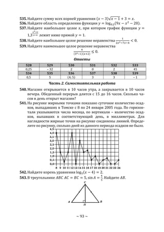 ~ 93 ~
535.Найдите сумму всех корней уравнения (𝑥 − 3)√ 𝑥 − 1 + 3 = 𝑥.
536.Найдите область определения функции 𝑦 = log0,2(9𝑥 − 𝑥2
− 20).
537.Найдите наибольшее целое 𝑥, при котором график функции 𝑦 =
1,3
𝑥2+2
𝑥−4 лежит ниже прямой 𝑦 = 1.
538.Найдите наибольшее целое решение неравенства
1
2𝑥2−7𝑥−4
< 0.
539.Найдите наименьшее целое решение неравенства
4
(3 𝑥−1)(𝑥+2)
≤ 0.
Ответы
528 529 530 531 532 533
0,25 – 32 2 0 2 45
534 535 536 537 538 539
0,5 5 (4; 5) 3 3 – 1
Часть 2. Самостоятельная работа
540.Магазин открывается в 10 часов утра, а закрывается в 10 часов
вечера. Обеденный перерыв длится с 15 до 16 часов. Сколько ча-
сов в день открыт магазин?
541.На рисунке жирными точками показано суточное количество осад-
ков, выпадавших в Томске с 8 по 24 января 2005 года. По горизон-
тали указываются числа месяца, по вертикали – количество осад-
ков, выпавших в соответствующий день, в миллиметрах. Для
наглядности жирные точки на рисунке соединены линией. Опреде-
лите по рисунку, сколько дней из данного периода осадков не было.
542.Найдите корень уравнения log5(𝑥 − 4) = 2.
543.В треугольнике 𝐴𝐵𝐶 𝐴𝐶 = 𝐵𝐶 = 5, sin 𝐴 =
4
5
. Найдите 𝐴𝐵.
Copyright ОАО «ЦКБ «БИБКОМ» & ООО «Aгентство Kнига-Cервис»
 