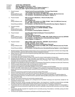 Company: JAPAN GAS CORPORATION
Location: Alabang, Philipines/Yokohama, Japan
Position : CIVIL ENGINEER (Cadet Engineer-Junior Engineer-Engineer I)
Duration: January 30, 2006 ~ April 04, 2010 (4 years and 3 months)
1. Project Involved : Manifa Central Processing Facilities, Package 2 Saudi Arabia
Client : Saudi Arabian Oil Company (Saudi Aramco)
Design Software used : S41, AutoCAD, Microstation v8i, PDMS, SPR, STAAD, MS Excel (macros)
Duties/Responsibilities : RC Foundation Calculation/Drawing Engineer (Engineer I)
2. Project Involved : NCP PJ (Cracker,Metathesis, 1-Hexene Facility Area)
al-Jubail KSA
Client : Saudi Polymers Co.
Design Software used : S41, AutoCAD, Microstation v8i, PDMS, STAAD, Tekla 12.0, MS Excel (macros)
Provide, AFES, Navisworks Jetstream
Duties/Responsibilities : RC Foundation and Steel Structure Calculation/Drawing Engineer (Engineer I)
3. Projects Involved : Dung Quat Refinery Project Dung Quat, Vietnam
Client : Vietnam Oil and Gas Co. (PETRO VIETNAM), STAAD
Design Software used : Microstation v8i
Duties/Responsibilities : RC Foundation Drawing Engineer (Engineer I)
4. Project Involved : Coral Bay Nickel Hydrometallurgical Processing Plant 2
Palawan, Phils.
Client : Coral Bay Nickel Corporation
Design Software used : S41,AutoCAD, Microstation v8i, PDMS, SPR, STAAD, MS Excel (macros),SAP2000
Duties/Responsibilities : RC Foundation and Steel Structure Calculation/Drawing Engineer
(Junior Engineer to Engineer I)
5. Projects Involved : HIGH OLEFIN FLUID CATALYTIC CRACKER (Saudi Arabia) &
ETHANE CRACKER (Saudi Arabia)
Client : PetroRabigh (Saudi Aramco and Sumitomo Chemical)
Design Software used : S41, AutoCAD, Microstation v8i, PDMS, SPR, STAAD, MS Excel (macros),Provide
FrameworksPlus
Duties/Responsibilities : RC Foundation and SteelStructure Calculation/Drawing Engineer (Junior Engineer)
 Reviews/studies ofITB and Project’s design basis such as scope ofwork, overall project schedule,basic design data,
clientspecification,clientstandard drawings,existing drawings and plotplan.
 Deliver works for FEED (Front-End Engineering Design),BED (Basic Engineering Design) upto Detailed Engineering
to Contruction phase
 Coordinates with ProjectSubcontractor (TCGi)
 Coordinates with other discipline involved in the project for proper implementation and execution.
 Analyzes/checks/validates the Design Calculation and Drawings of all Equipment Foundation (Vertical Vessel,
Horizontal Vessel, Compressor, Underground Vessel Pit, Pump, Package, Tank, Tower), U/G Facilities Layout and
Calculation for submission to client(JGC Yokohama)
 Analyzes/checks/validates the DesignCalculationand Drawings of Pipe Rack for submissionto client(JGC Yokohama)
 Performs squad check ofvendor data and drawings from other discipline
 Checks/Controls ofAs-BuiltDrawings prepared bySubcontractor
 Prepares and updates the material take-off(MTO) for the Civil Foundation and UG Facilities
 Performs 3D CAD model review for clash-checking of U/G, equipment and structural foundation from mechanical,
piping, electrical and instrument facilities using SPR (Smart Plant Review), PDS (Plant Design System), Navisworks
Jetstream
 Carry-outs engineering supportduring the construction phase ofthe project.
 Performs other tasks thatare assigned bythe DepartmentManager and Lead Civil Engineer
 Supervises site civil works such as:plantsurveys, construction of underground facilities,concrete foundation for
tanks and large equipments,concrete structures,piperacks,retaining walls,paving works,roads and steel erection,
pipe sleepers for Jetty.
 Prepares site projectschedule and construction progress reports.
 Reviews all incoming and outgoing civil underground and foundation drawings and documents needed for the
preparation ofworks at site.
 Initiates site queries, design proposals, clarification letters, inter department / interoffice correspondence, estimates
and other engineering matters required bythe operations group and other construction supportgroups
 Coordinates with the Subcontractor regarding the design changes and modification works for all foundation /
underground civil and discuss the matter with the client for clarification preparing Site Instructions and Field Change
Sheets.
 Coordinates with QC Inspector for inspection prior to concrete pouring of foundations, manholes, paving and other
related concrete works.
 Conducts site inspection and prepares clarifications and Field Inspection Report.
 