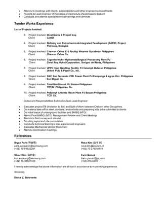  Attends to meetings with clients,subcontractors and other engineering departments
 Reports to Lead Engineer of the status and schedule ofsubmissions to client
 Conducts and attends special technical trainings and seminars
Tender Works Experience
List of Projects Involved:
3. Project Involved: West Qurna 2 Project Iraq
Client : LukOil
4. Project Involved: Refinery and Petrochemicals Integrated Development (RAPID) Project
Client : Petronas, Malaysia
5. Project Involved: Chevron Caltex E10 Facility Misamis Occidental Philippines
Client : Chevron Caltex Co.
6. Project Involved: Taganito Nickel Hydrometallurgical Processing Plant PJ
Client : Coral Bay Nickel Corporation, Surigao del Norte, Philippines
7. Project Involved: UPPC Coal Handling Facility PJ Calumpit Bulacan Philippines
Client : United Pulp & Paper Co., Inc.
8. Project Involved: SMC San Fernando CFB Power Plant PJ/Pampanga & egros Occ. Philippines
Client : San Miguel Co.
9. Project Involved: Total Bio-Ethanol PJ Bataan Philippines
Client : TOTAL Philippines Co.
10. Project Involved: Polyvinyl Chloride Resin Plant PJ Bataan Philippines
Client : TCCI Co.
Duties and Responsibilities:Estimation/Asst.Lead Engineer
 Evaluates projectITB (Invitation to Bid) and Split of Work between Civil and other Disciplines.
 Do material take-offfor steel,concrete, anchor bolts and preparing bids to be submitted to clients
 Do initial layout of underground facilities and BM/BQ (MTO)
 Attend Final BM/BQ (MTO) ManagementReview and ClientMeetings
 Attends to field survey and site visit
 Do piling layoutand pile computation
 Conducts technical training to less experienced engineers
 Evaluates Mechanical Vendor Document
 Attends coordination meetings.
References
Bryan Park (박숭연) Rosa Kim (김영은)
park.sungyeon@samsung.com rosa.kim@aramco.nl
(+82) 10-54922261 (+82) 10-2760-8176
Silver Kim (김은숭) Irwin Gomez
kim.eunsung@samsung.com Irwin.gomez@jgc.com
(+82) 10-36527409 (+63) 876-6000
I hereby acknowledge thatabove information are all true in accordance to my working experience.
Sincerely,
Eloisa Z. Bonavente
 
