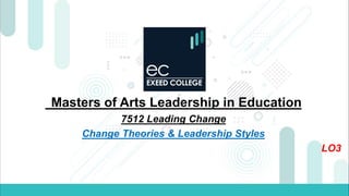 Masters of Arts Leadership in Education
7512 Leading Change
Change Theories & Leadership Styles
LO3
 