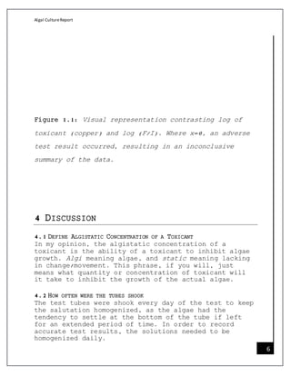 Algal CultureReport
6
Figure 1.1: Visual representation contrasting log of
toxicant (copper) and log (F/I). Where x=0, an adverse
test result occurred, resulting in an inconclusive
summary of the data.
4 DISCUSSION
4.1 DEFINE ALGISTATIC CONCENTRATION OF A TOXICANT
In my opinion, the algistatic concentration of a
toxicant is the ability of a toxicant to inhibit algae
growth. Algi meaning algae, and static meaning lacking
in change/movement. This phrase, if you will, just
means what quantity or concentration of toxicant will
it take to inhibit the growth of the actual algae.
4.2 HOW OFTEN WERE THE TUBES SHOOK
The test tubes were shook every day of the test to keep
the salutation homogenized, as the algae had the
tendency to settle at the bottom of the tube if left
for an extended period of time. In order to record
accurate test results, the solutions needed to be
homogenized daily.
 