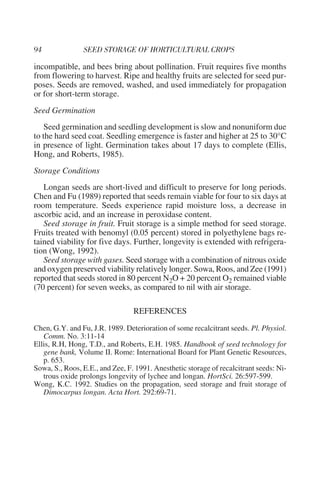 incompatible, and bees bring about pollination. Fruit requires five months
from flowering to harvest. Ripe and healthy fruits are selected for seed pur-
poses. Seeds are removed, washed, and used immediately for propagation
or for short-term storage.
Seed Germination
    Seed germination and seedling development is slow and nonuniform due
to the hard seed coat. Seedling emergence is faster and higher at 25 to 30°C
in presence of light. Germination takes about 17 days to complete (Ellis,
Hong, and Roberts, 1985).
Storage Conditions
   Longan seeds are short-lived and difficult to preserve for long periods.
Chen and Fu (1989) reported that seeds remain viable for four to six days at
room temperature. Seeds experience rapid moisture loss, a decrease in
ascorbic acid, and an increase in peroxidase content.
   Seed storage in fruit. Fruit storage is a simple method for seed storage.
Fruits treated with benomyl (0.05 percent) stored in polyethylene bags re-
tained viability for five days. Further, longevity is extended with refrigera-
tion (Wong, 1992).
   Seed storage with gases. Seed storage with a combination of nitrous oxide
and oxygen preserved viability relatively longer. Sowa, Roos, and Zee (1991)
reported that seeds stored in 80 percent N2O + 20 percent O2 remained viable
(70 percent) for seven weeks, as compared to nil with air storage.

                                 REFERENCES
Chen, G.Y. and Fu, J.R. 1989. Deterioration of some recalcitrant seeds. Pl. Physiol.
   Comm. No. 3:11-14
Ellis, R.H, Hong, T.D., and Roberts, E.H. 1985. Handbook of seed technology for
   gene bank, Volume II. Rome: International Board for Plant Genetic Resources,
   p. 653.
Sowa, S., Roos, E.E., and Zee, F. 1991. Anesthetic storage of recalcitrant seeds: Ni-
   trous oxide prolongs longevity of lychee and longan. HortSci. 26:597-599.
Wong, K.C. 1992. Studies on the propagation, seed storage and fruit storage of
   Dimocarpus longan. Acta Hort. 292:69-71.
 