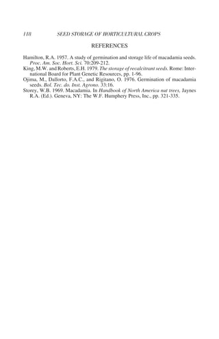 REFERENCES
Hamilton, R.A. 1957. A study of germination and storage life of macadamia seeds.
   Proc. Am. Soc. Hort. Sci. 70:209-212.
King, M.W. and Roberts, E.H. 1979. The storage of recalcitrant seeds. Rome: Inter-
   national Board for Plant Genetic Resources, pp. 1-96.
Ojima, M., Dallorto, F.A.C., and Rigitano, O. 1976. Germination of macadamia
   seeds. Bol. Tec. do. Inst. Agrono. 33:16.
Storey, W.B. 1969. Macadamia. In Handbook of North America nut trees, Jaynes
   R.A. (Ed.). Geneva, NY: The W.F. Humphery Press, Inc., pp. 321-335.
 