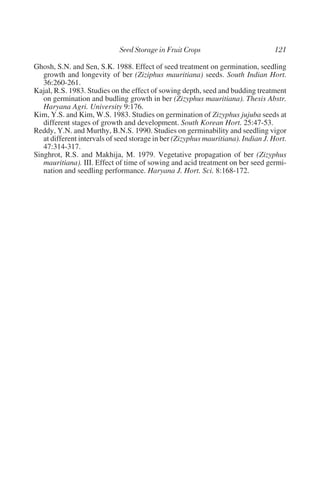 Ghosh, S.N. and Sen, S.K. 1988. Effect of seed treatment on germination, seedling
   growth and longevity of ber (Ziziphus mauritiana) seeds. South Indian Hort.
   36:260-261.
Kajal, R.S. 1983. Studies on the effect of sowing depth, seed and budding treatment
   on germination and budling growth in ber (Zizyphus mauritiana). Thesis Abstr.
   Haryana Agri. University 9:176.
Kim, Y.S. and Kim, W.S. 1983. Studies on germination of Zizyphus jujuba seeds at
   different stages of growth and development. South Korean Hort. 25:47-53.
Reddy, Y.N. and Murthy, B.N.S. 1990. Studies on germinability and seedling vigor
   at different intervals of seed storage in ber (Zizyphus mauritiana). Indian J. Hort.
   47:314-317.
Singhrot, R.S. and Makhija, M. 1979. Vegetative propagation of ber (Zizyphus
   mauritiana). III. Effect of time of sowing and acid treatment on ber seed germi-
   nation and seedling performance. Haryana J. Hort. Sci. 8:168-172.
 