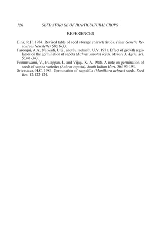 REFERENCES
Ellis, R.H. 1984. Revised table of seed storage characteristics. Plant Genetic Re-
   sources Newsletter 58:16-33.
Farooqui, A.A., Nalwadi, U.G., and Sulladmath, U.V. 1971. Effect of growth regu-
   lators on the germination of sapota (Achras sapota) seeds. Mysore J. Agric. Sci.
   5:341-343.
Ponnuswami, V., Irulappan, I., and Vijay, K. A. 1988. A note on germination of
   seeds of sapota varieties (Achras zapota). South Indian Hort. 36:193-194.
Srivastava, H.C. 1984. Germination of sapodilla (Manilkara achras) seeds. Seed
   Res. 12:122-124.
 