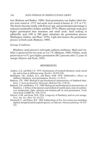 tion (Butkene and Butkus, 1980). Seed germination was higher when ber-
ries were stored at –23°C and seeds were stored in berries at –2°C or 1°C.
The berries become moldy with Botrytis spp. and germination percentage is
reduced considerably (Aalders and Hall, 1975). Mature and large seeds give
higher germination than immature and small seeds. Seed soaking in
gibberellic acid (100 to 500 ppm) stimulates the germination process
(Ballington, Galleta, and Pharr, 1976). Light also hastens the germination
process in fresh seeds (Butkene, 1989).
Storage Conditions
   Blueberry seeds preserve well under ambient conditions. High seed via-
bility is preserved for two years at 5 to 7°C (Butkene, 1989). Further, seeds
preserved at 4.4°C gave higher germination (86.2 percent) after 12 years of
storage (Darrow and Scott, 1954).

                                  REFERENCES
Aalders, L.E. and Hall, I.V. 1975. Germination of lowbush blueberry seeds stored
   dry and in fruit at different temp. HortSci. 10:525-526.
Ballington, J.R., Galleta, G.J., and Pharr, D.M. 1976. Gibberellin’s effects on
   rabbiteye blueberry seed germination. HortSci. 11:10-11.
Butkene, Z.P. 1989. Biological and biochemical characteristics of highbush blue-
   berry. 5. Seed germination. Biologijos Mokslari No. 2:38-44.
Butkene, Z.P. and Butkus, V.F. 1980. Biological and biochemical characteristics of
   blueberry. 2. Effect of the duration and method of stratification, time of seed har-
   vest, temperature, light, substrate and medium pH on seed germination. Trudy
   Akad Nauk LitSSR No. 3/91:45-55.
Darrow, G.M. and Scott, D.H. 1954. Longevity of blueberry seed in cool storage.
   Proc. Am. Soc. Hort. Sci. 63:271.
Stushnoff, C. and Palser, B.F. 1969. Embryology of five Vaccinium taxa including
   diploid, tetraploid and hexaploid species, or cultivars. Phytomorphology 19:312-
   321.
 