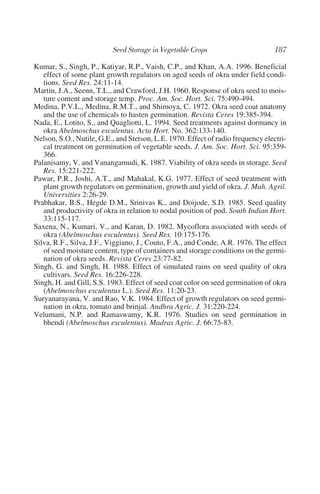 Kumar, S., Singh, P., Katiyar, R.P., Vaish, C.P., and Khan, A.A. 1996. Beneficial
   effect of some plant growth regulators on aged seeds of okra under field condi-
   tions. Seed Res. 24:11-14.
Martin, J.A., Seenn, T.L., and Crawford, J.H. 1960. Response of okra seed to mois-
   ture content and storage temp. Proc. Am. Soc. Hort. Sci. 75:490-494.
Medina, P.V.L., Medina, R.M.T., and Shimoya, C. 1972. Okra seed coat anatomy
   and the use of chemicals to hasten germination. Revista Ceres 19:385-394.
Nada, E., Lotito, S., and Quagliotti, L. 1994. Seed treatments against dormancy in
   okra Abelmoschus esculentus. Acta Hort. No. 362:133-140.
Nelson, S.O., Nutile, G.E., and Stetson, L.E. 1970. Effect of radio frequency electri-
   cal treatment on germination of vegetable seeds. J. Am. Soc. Hort. Sci. 95:359-
   366.
Palanisamy, V. and Vanangamudi, K. 1987. Viability of okra seeds in storage. Seed
   Res. 15:221-222.
Pawar, P.R., Joshi, A.T., and Mahakal, K.G. 1977. Effect of seed treatment with
   plant growth regulators on germination, growth and yield of okra. J. Mah. Agril.
   Universities 2:26-29.
Prabhakar, B.S., Hegde D.M., Srinivas K., and Doijode, S.D. 1985. Seed quality
   and productivity of okra in relation to nodal position of pod. South Indian Hort.
   33:115-117.
Saxena, N., Kumari, V., and Karan, D. 1982. Mycoflora associated with seeds of
   okra (Abelmoschus esculentus). Seed Res. 10:175-176.
Silva, R.F., Silva, J.F., Viggiano, J., Couto, F.A., and Conde, A.R. 1976. The effect
   of seed moisture content, type of containers and storage conditions on the germi-
   nation of okra seeds. Revista Ceres 23:77-82.
Singh, G. and Singh, H. 1988. Effect of simulated rains on seed quality of okra
   cultivars. Seed Res. 16:226-228.
Singh, H. and Gill, S.S. 1983. Effect of seed coat color on seed germination of okra
   (Abelmoschus esculentus L.). Seed Res. 11:20-23.
Suryanarayana, V. and Rao, V.K. 1984. Effect of growth regulators on seed germi-
   nation in okra, tomato and brinjal. Andhra Agric. J. 31:220-224.
Velumani, N.P. and Ramaswamy, K.R. 1976. Studies on seed germination in
   bhendi (Abelmoschus esculentus). Madras Agric. J. 66:75-83.
 