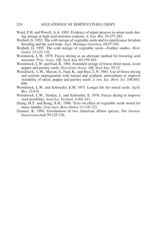 Ward, F.H. and Powell, A.A. 1983. Evidence of repair process in onion seeds dur-
  ing storage at high seed moisture contents. J. Exp. Bot. 34:277-282.
Weibull, G. 1952. The cold storage of vegetable seeds and its significance for plant
  breeding and the seed trade. Agri. Hortique Genetica. 10:97-104.
Weibull, G. 1955. The cold storage of vegetable seeds—Further studies. Hort.
  Genet. 13:121-142.
Woodstock, L.W. 1975. Freeze drying as an alternate method for lowering seed
  moisture. Proc. Assoc. Off. Seed Ana. 65:159-163.
Woodstock, L.W. and Faul, K. 1981. Extended storage of freeze dried onion, sweet
  pepper and parsley seeds. Newsletter Assoc. Off. Seed Ana. 55:15.
Woodstock, L.W., Maxon, S., Faul, K., and Bass, L.N. 1983. Use of freeze drying
  and acetone impregnation with natural and synthetic antioxidants to improve
  storability of onion, pepper and parsley seeds. J. Am. Soc. Hort. Sci. 108:692-
  696.
Woodstock, L.W. and Schroeder, E.M. 1975. Longer life for stored seeds. Agril.
  Res. 23:8-9.
Woodstock, L.W., Simkin, J., and Schroeder, E. 1976. Freeze drying to improve
  seed storability. Seed Sci. Technol. 4:301-311.
Zhang, H.Y. and Kong, X.H., 1996. Tests on effect of vegetable seeds stored for
  many months. Acta-Agri. Bore-Sinica 11:118-123.
Zimmer, K. 1994. Germination of two American Allium species. Die Garten-
  bauwissenschaft 59:125-126.
 