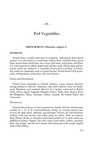 – 39 –

                          Pod Vegetables


                 FRENCH BEAN: Phaseolus vulgaris L.

Introduction

    French bean is widely cultivated in temperate, subtropical, and tropical
regions. It is also known as snap bean, kidney bean, common bean, green
bean, haricot bean, bush bean, navy bean, pole bean, string bean, and frijol.
It is cultivated for its edible tender pods and dry seeds. Fleshy pods and im-
mature seeds are cooked as a vegetable, processed for canning, or frozen.
Dry seeds are commonly used as a grain legume. French bean is rich in pro-
teins, carbohydrates, potassium, and iron contents.

Origin and Distribution

   French bean originated in Central America. Large genetic diversity
among primitive cultivars, landraces, and wild relatives exists in Guate-
mala, Honduras, and southern Mexico. It is largely cultivated in Brazil,
Chile, China, Egypt, England, Ethiopia, France, India, Italy, Kenya, Peru,
the Philippines, Spain, Tanzania, Turkey, Uganda, the United States, and
Venezuela.

Morphology

   French bean belongs to the Leguminosae family and has chromosome
number 2n = 22. It is a dicotyledonous, bushy, or twining annual vine.
Leaves are dark green, alternate, and trifoliate. Flowers are self-fertilized,
axillary, with one raceme, and white, pink, or yellow. Pods are narrow,
long, fibrous, fleshy, or stringless and contain about 4 to 12 seeds. Seeds are
globular to kidney shaped, and color varies from white, yellow, greenish,
pink, red, purple, and brown to black. One thousand seeds weigh roughly
about 250 to 600 g.
 