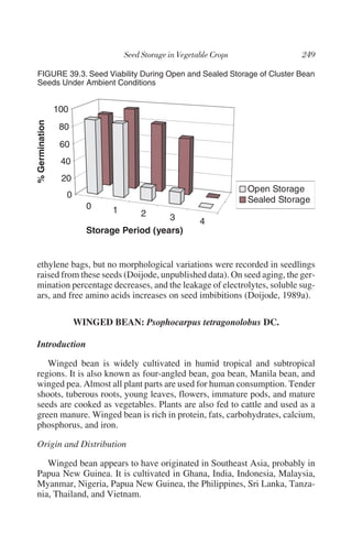 FIGURE 39.3. Seed Viability During Open and Sealed Storage of Cluster Bean
Seeds Under Ambient Conditions


                100
% Germination




                 80
                 60
                 40
                 20
                                                           Open Storage
                  0
                                                           Sealed Storage
                        0     1     2      3     4
                        Storage Period (years)


ethylene bags, but no morphological variations were recorded in seedlings
raised from these seeds (Doijode, unpublished data). On seed aging, the ger-
mination percentage decreases, and the leakage of electrolytes, soluble sug-
ars, and free amino acids increases on seed imbibitions (Doijode, 1989a).

                      WINGED BEAN: Psophocarpus tetragonolobus DC.

Introduction

   Winged bean is widely cultivated in humid tropical and subtropical
regions. It is also known as four-angled bean, goa bean, Manila bean, and
winged pea. Almost all plant parts are used for human consumption. Tender
shoots, tuberous roots, young leaves, flowers, immature pods, and mature
seeds are cooked as vegetables. Plants are also fed to cattle and used as a
green manure. Winged bean is rich in protein, fats, carbohydrates, calcium,
phosphorus, and iron.

Origin and Distribution

   Winged bean appears to have originated in Southeast Asia, probably in
Papua New Guinea. It is cultivated in Ghana, India, Indonesia, Malaysia,
Myanmar, Nigeria, Papua New Guinea, the Philippines, Sri Lanka, Tanza-
nia, Thailand, and Vietnam.
 