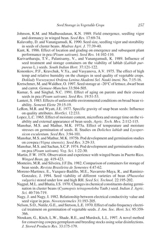 Johnson, K.M. and Madhusudanan, K.N. 1989. Field emergence, seedling vigor
   and dormancy in winged bean. Seed Res. 17:69-74.
Kalavathy, D. and Vanangamudi, K. 1990. Seed size, seedling vigor and storability
   in seeds of cluster beans. Madras Agri. J. 77:39-40.
Kant, K. 1986. Effect of location and grading on emergence and subsequent plant
   performance in pea (Pisum sativum). Seed Res. 14:102-110.
Karivartharaju, T.V., Palanisamy, V., and Vanangamudi, K. 1989. Influence of
   seed treatment and storage containers on the viability of lablab (Lablab pur-
   pureus L.) seeds. South Indian Hort. 37:121-122.
Kononkov, P.F., Kravchuk, V.Ya., and Vasyanova, A.V. 1975. The effect of high
   temp and relative humidity on the changes in seed quality of vegetable crops.
   Doklady Vsesoyuznoi Ordena Lenina Akademi Sel. Nauki imeni. No. 7:15-16.
Kretschmer, M. and Waldhor, O. 1997. Seed storage at –20°C of lettuce, dwarf bean
   and carrot. Gemuse-Munchen 33:504-505.
Kumar, S. and Singhal, N.C. 1991. Effect of aging on parents and their crossed
   seeds in pea (Pisum sativum). Seed Res. 19:51-53.
Lanteri, S. 1983. Effects of unfavorable environmental conditions on broad bean vi-
   ability. Sementi Elette 29:15-19.
LeRon, M.R. and Wyatt, J.E. 1977. Specific gravity of snap bean seeds: Influence
   on quality attributes. HortSci. 12:233.
Lopez, L.C. 1965. Effect of moisture content, microflora and storage time on the vi-
   ability and external appearance of bean seeds. Agric. Tech. Mex. 2:112-115.
Manohar, M.S. and Mathur, M.K. 1975a. Effect of temperature and moisture
   stresses on germination of seeds. II. Studies on Dolichos lablab and Lycoper-
   sicon esculentum. Seed Res. 3:94-101.
Manohar, M.S. and Mathur, M.K. 1975b. Pod development and germination studies
   on cowpea (Vigna sinensis). Seed Res. 3:29-33.
Manohar, M.S. and Sachan, S.C.P. 1974. Pod development and germination studies
   on pea (Pisum sativum). Veg. Sci. 1:22-30.
Martin, F.W. 1978. Observation and experience with winged beans in Puerto Rico.
   Winged Bean, pp. 419-423.
Monteiro, M.R. and Silveira, J.F.Da. 1982. Comparison of containers for storage of
   bean seeds. Revista Brasileira de Sementes 4:47-62.
Moreno-Martinez, E., Vazquez-Badillo, M.E., Navarrete-Maya, R., and Ramirez-
   Gonzalez, J. 1994. Seed viability of different varieties of bean (Phaseolus
   vulgaris) stored under low and high RH. Seed Sci. Technol. 22:195-202.
Nagpal, M.L. and Bhatia, I.S. 1970. Changes in chemical constituents during germi-
   nation in cluster beans (Cyamopsis tetragonoloba Taub.) seed. Indian J. Agric.
   Sci. 40:716-719.
Nagy, J. and Nagy, I. 1982. Relationship between electrical conductivity value and
   seed vigor in peas. Novenytermeles 31:193-205.
Nelson, S.O., Nutile, G.E., and Stetson, L.E. 1970. Effect of radio frequency electri-
   cal treatment on germination of vegetable seeds. J. Am. Soc. Hort. Sci. 95:359-
   366.
Ntoukam, G., Kitch, L.W., Shade, R.E., and Murdock, L.L. 1997. A novel method
   for conserving cowpea germplasm and breeding stocks using solar disinfections.
   J. Stored Products Res. 33:175-179.
 