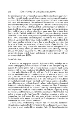 for genetic conservation. Cucumber seeds exhibit orthodox storage behav-
ior. They can withstand removal of moisture and can be stored at lower tem-
peratures. High seed viability and vigor are retained at lower temperatures
and lower moisture content. Nakamura (1958) noted that cucumber seeds
retain their viability for a fairly long period. They lose viability completely
by 38 months of storage (Rodrigo, 1953). Germinating power and yield re-
duce steadily in crops raised from seeds stored under ambient conditions.
Crop yield is lower in plants raised from older seeds than in those from
fresher seeds (Frohlich and Henkel, 1964). On proper seed storage, low de-
terioration occurs. Such seeds give more productive plants than fresh ones.
Boos (1966) noticed that cucumber plants raised from two- to three-year-
old seeds are more productive than plants raised from one-year-old seeds. In
fresh seeds, catalase activity is lower than in stored seeds, suggesting that
the vigor of freshly harvested seeds is lower than that of stored seeds. Like-
wise, there was a delay in ethylene production in fresh seed germination
(Yin and Cui, 1995). Seed vigor improves in fresh seeds following after-rip-
ening at 75°C for 24 h (Cui and Yin, 1995). Chemical composition of seeds
varies with storage period. Sugars and vitamin C tend to increase with lon-
ger storage (Zaitseva, 1972).

Seed Collections

    Cucumbers are propagated by seeds. High seed viability and vigor are es-
sential for high plant populations in the field and, in turn, for higher crop pro-
duction. Cucumber grows well in warm climatic conditions. Seed quality
improves with growing plants in artificial light, limiting the number of fruits
per plant, and pollinating artificially with bees. Seed yield increases and fruit
size and number of fruits per plant decrease with an increase in plant popula-
tion (Cantliffe and Phatak, 1975). Cucumber prefers deep, fertile, well-
drained soils. Seeds are directly sown in the field on ridges or on hills. Plants
are regularly irrigated, properly fertilized, and protected against pests and dis-
eases. Plants are cross-pollinated mainly by bees, and an isolation distance of
1,600 m is maintained to prevent genetic contamination. Male flowers open
earlier than female flowers; the latter are favored by short-day conditions and
low temperatures. Plants are to be examined for off types, especially during
the flowering and fruiting stages. Ripe fruits are collected when they turn pale
yellow or golden in color (see Figure 42.1). Seeds are separated by either me-
chanical or chemical means. The pulp along with the seeds is fermented.
Seeds that sink to the bottom are selected, and floating ones are discarded. Se-
lected seeds are dried, cleaned, and stored.
    Fruit maturity. Fruit maturity coincides with seed maturity. Seed matu-
rity determines seed quality for sowing and storage. In cucumber, seed qual-
ity is poor in seeds obtained from immature fruits (20 days after anthesis),
 