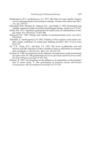 Serebryakova, N.V. and Kalanova, A.I. 1977. The effect of water soluble vitamins
   on rose seed germination and rooting of cuttings. Vitamins Rasti Resu Ispo Mos-
   cow, pp. 215-221.
Shoushtari, B.D., Heydari, R., Johnson, G.L., and Arditti, J. 1994. Germination and
   viability staining of orchid seed following prolonged storage. Lindleyana 9:77-84.
Smith, S.E. 1974. Amybiotic germination of orchid seeds on carbohydrates of fun-
   gal origin. New Phytology 72:497-499.
Stanwood, P.C. 1987. Storage and viability of ornamental plant seeds. Acta Hort.
   202:49-56.
Thornhill, A. and Koopowitz, H. 1992. Viability of Disa uniflora seeds under vari-
   able storage conditions: Is orchid gene banking possible? Biol. Conservation
   62:21-27.
Yu, T.Y., Yeam, D.Y., and Kim, Y.J. 1975. The level of gibberellic acid and
   abscisic acid-like substances in Rosa multiflora seeds as affected by low-temper-
   ature treatments. J. Korean Soc. Hort. Sci. 16:114-119.
Zimmer, K. 1966. Investigations on the influence of temperature on the germination
   of cactus seeds. IV. The germination of Cercus peruviana and Oreocereus trolli.
   Die Gartenbauwissenschaft 31:437-445.
Zimmer, K. 1967. Investigations on the influences of temperature on the germina-
   tion of cactus seeds. V. The germination of Espostoa lanata and Echino
   cactusgrusoni. Die Gartenbauwissenschaft 32:173-179.
 