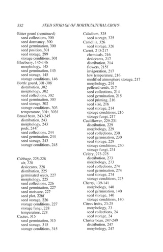 Bitter gourd (continued)    Caladium, 325
  seed collections, 300       seed storage, 325
  seed dormancy, 300        Camellia, 326
  seed germination, 300       seed storage, 326
  seed position, 301        Carrot, 213-217
  seed storage, 299           chemicals, 216
  storage conditions, 301     desiccants, 217
Blueberry, 145-146            distribution, 214
  morphology, 145             flowers, 215f
  seed germination, 145       invigoration, 217
  seed storage, 145           low temperature, 216
  storage conditions, 146     modified atmosphere storage, 217
Bottle gourd, 301-308         morphology, 214
  distribution, 302           pelleted seeds, 217
  morphology, 302             seed collections, 214
  seed collections, 302       seed germination, 215
  seed germination, 303       seed priming, 216
  seed storage, 302           seed size, 216
  storage conditions, 303     seed storage, 214
  temperature, 301t, 303f     storage conditions, 216
Broad bean, 243-245           storage fungi, 217
  distribution, 243         Cauliflower, 229-231
  morphology, 243             distribution, 229
  pods, 244f                  morphology, 229
  seed collections, 244       seed collections, 230
  seed germination, 244       seed germination, 230
  seed storage, 243           seed storage, 229
  storage conditions, 245     storage conditions, 230
                              storage fungi, 231
                            Celery, 273-275
Cabbage, 225-228              distribution, 273
  air, 228                    morphology, 273
  desiccants, 228             seed collections, 274
  distribution, 225           seed germination, 274
  germinated seeds, 227       seed storage, 274
  morphology, 225             storage conditions, 275
  seed collections, 226     Cherry, 139-141
  seed germination, 227       morphology, 140
  seed moisture, 227          seed germination, 140
  seed plot, 226f             seed storage, 140
  seed storage, 226           storage conditions, 140
  storage conditions, 227   Citrus fruits, 23-25
  storage fungi, 228          morphology, 23
  temperature, 228            seed collections, 24
Cactus, 315                   seed storage, 24
  seed germination, 315     Cluster bean, 247-249
  seed storage, 315           distribution, 247
  storage conditions, 315     morphology, 247
 