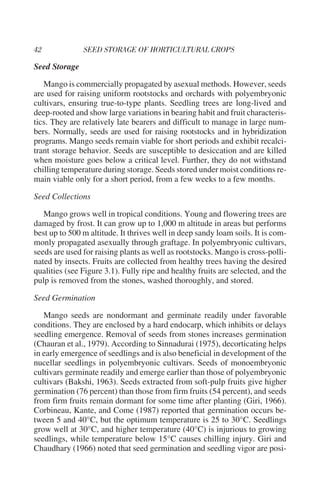 Seed Storage

   Mango is commercially propagated by asexual methods. However, seeds
are used for raising uniform rootstocks and orchards with polyembryonic
cultivars, ensuring true-to-type plants. Seedling trees are long-lived and
deep-rooted and show large variations in bearing habit and fruit characteris-
tics. They are relatively late bearers and difficult to manage in large num-
bers. Normally, seeds are used for raising rootstocks and in hybridization
programs. Mango seeds remain viable for short periods and exhibit recalci-
trant storage behavior. Seeds are susceptible to desiccation and are killed
when moisture goes below a critical level. Further, they do not withstand
chilling temperature during storage. Seeds stored under moist conditions re-
main viable only for a short period, from a few weeks to a few months.

Seed Collections

   Mango grows well in tropical conditions. Young and flowering trees are
damaged by frost. It can grow up to 1,000 m altitude in areas but performs
best up to 500 m altitude. It thrives well in deep sandy loam soils. It is com-
monly propagated asexually through graftage. In polyembryonic cultivars,
seeds are used for raising plants as well as rootstocks. Mango is cross-polli-
nated by insects. Fruits are collected from healthy trees having the desired
qualities (see Figure 3.1). Fully ripe and healthy fruits are selected, and the
pulp is removed from the stones, washed thoroughly, and stored.

Seed Germination

   Mango seeds are nondormant and germinate readily under favorable
conditions. They are enclosed by a hard endocarp, which inhibits or delays
seedling emergence. Removal of seeds from stones increases germination
(Chauran et al., 1979). According to Sinnadurai (1975), decorticating helps
in early emergence of seedlings and is also beneficial in development of the
nucellar seedlings in polyembryonic cultivars. Seeds of monoembryonic
cultivars germinate readily and emerge earlier than those of polyembryonic
cultivars (Bakshi, 1963). Seeds extracted from soft-pulp fruits give higher
germination (76 percent) than those from firm fruits (54 percent), and seeds
from firm fruits remain dormant for some time after planting (Giri, 1966).
Corbineau, Kante, and Come (1987) reported that germination occurs be-
tween 5 and 40°C, but the optimum temperature is 25 to 30°C. Seedlings
grow well at 30°C, and higher temperature (40°C) is injurious to growing
seedlings, while temperature below 15°C causes chilling injury. Giri and
Chaudhary (1966) noted that seed germination and seedling vigor are posi-
 