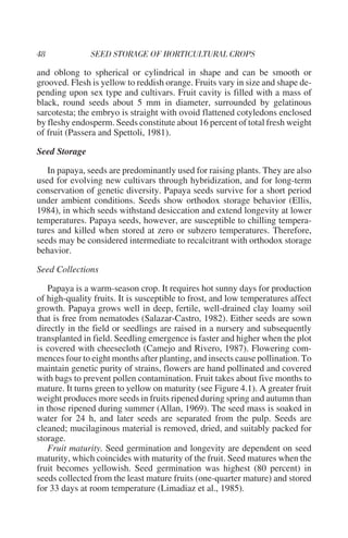 and oblong to spherical or cylindrical in shape and can be smooth or
grooved. Flesh is yellow to reddish orange. Fruits vary in size and shape de-
pending upon sex type and cultivars. Fruit cavity is filled with a mass of
black, round seeds about 5 mm in diameter, surrounded by gelatinous
sarcotesta; the embryo is straight with ovoid flattened cotyledons enclosed
by fleshy endosperm. Seeds constitute about 16 percent of total fresh weight
of fruit (Passera and Spettoli, 1981).

Seed Storage

   In papaya, seeds are predominantly used for raising plants. They are also
used for evolving new cultivars through hybridization, and for long-term
conservation of genetic diversity. Papaya seeds survive for a short period
under ambient conditions. Seeds show orthodox storage behavior (Ellis,
1984), in which seeds withstand desiccation and extend longevity at lower
temperatures. Papaya seeds, however, are susceptible to chilling tempera-
tures and killed when stored at zero or subzero temperatures. Therefore,
seeds may be considered intermediate to recalcitrant with orthodox storage
behavior.

Seed Collections

   Papaya is a warm-season crop. It requires hot sunny days for production
of high-quality fruits. It is susceptible to frost, and low temperatures affect
growth. Papaya grows well in deep, fertile, well-drained clay loamy soil
that is free from nematodes (Salazar-Castro, 1982). Either seeds are sown
directly in the field or seedlings are raised in a nursery and subsequently
transplanted in field. Seedling emergence is faster and higher when the plot
is covered with cheesecloth (Camejo and Rivero, 1987). Flowering com-
mences four to eight months after planting, and insects cause pollination. To
maintain genetic purity of strains, flowers are hand pollinated and covered
with bags to prevent pollen contamination. Fruit takes about five months to
mature. It turns green to yellow on maturity (see Figure 4.1). A greater fruit
weight produces more seeds in fruits ripened during spring and autumn than
in those ripened during summer (Allan, 1969). The seed mass is soaked in
water for 24 h, and later seeds are separated from the pulp. Seeds are
cleaned; mucilaginous material is removed, dried, and suitably packed for
storage.
   Fruit maturity. Seed germination and longevity are dependent on seed
maturity, which coincides with maturity of the fruit. Seed matures when the
fruit becomes yellowish. Seed germination was highest (80 percent) in
seeds collected from the least mature fruits (one-quarter mature) and stored
for 33 days at room temperature (Limadiaz et al., 1985).
 