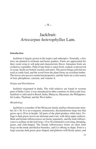 –9–

                     Jackfruit:
           Artocarpus heterophyllus Lam.

Introduction

   Jackfruit is largely grown in the tropics and subtropics. Normally, a few
trees are planted in orchards and home gardens. Fruits are appreciated for
their sweet crisp or soft pulp and characteristic flavor. Immature fruits are
cooked as vegetables. Pulp of ripe fruits is eaten fresh, cooked, or preserved
in syrup. Seeds are boiled, roasted, and eaten. The green foliage and rind are
used as cattle feed, and the wood from the plant forms an excellent timber.
The leaves also possess medicinal properties, and the fruits are a rich source
of iron, phosphorus, calcium, and vitamin A.

Origin and Distribution

   Jackfruit originated in India. The wild relatives are found in western
parts of India. Later, it was introduced to other countries in Africa and Asia.
Jackfruit is cultivated in Brazil, India, Malaysia, Myanmar, the Philippines,
Sri Lanka, Thailand, and the West Indies.

Morphology

   Jackfruit is a member of the Moraceae family and has chromosome num-
ber 2n = 56. It is an evergreen, monoecious, dicotyledonous large tree that
grows up to 20 m in height. All parts of the plant produce white latex. Fo-
liage is dark green; leaves are alternate and ovate, with shiny upper surfaces.
Male and female inflorescences are borne separately, and the male inflores-
cence is axillary on the leaf twigs, 15 to 30 centimeters (cm) long, drooping,
green, and club-shaped. The female inflorescence forms on short stout
twigs on the trunk and thicker branches, and it is oblong in shape. Fruit is a
large syncarp, dark green, pear-shaped, and glabrous with fleshy spines, and
 