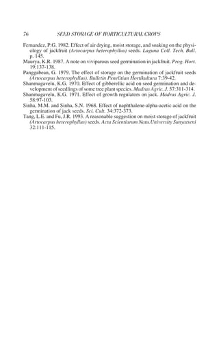 Fernandez, P.G. 1982. Effect of air drying, moist storage, and soaking on the physi-
   ology of jackfruit (Artocarpus heterophyllus) seeds. Laguna Coll. Tech. Bull.
   p. 145.
Maurya, K.R. 1987. A note on viviparous seed germination in jackfruit. Prog. Hort.
   19:137-138.
Panggabean, G. 1979. The effect of storage on the germination of jackfruit seeds
   (Artocarpus heterophyllus). Bulletin Penelitian Hortikultura 7:39-42.
Shanmugavelu, K.G. 1970. Effect of gibberellic acid on seed germination and de-
   velopment of seedlings of some tree plant species. Madras Agric. J. 57:311-314.
Shanmugavelu, K.G. 1971. Effect of growth regulators on jack. Madras Agric. J.
   58:97-103.
Sinha, M.M. and Sinha, S.N. 1968. Effect of naphthalene-alpha-acetic acid on the
   germination of jack seeds. Sci. Cult. 34:372-373.
Tang, L.E. and Fu, J.R. 1993. A reasonable suggestion on moist storage of jackfruit
   (Artocarpus heterophyllus) seeds. Acta Scientiarum Natu.University Sunyatseni
   32:111-115.
 