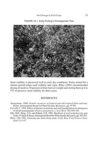 FIGURE 10.1. Early Fruiting in Pomegranate Tree




Seed viability is preserved well in cool, dry conditions. Fruits stored for a
shorter period retain seed viability and vigor. Riley (1981) recommended
drying of seeds to 70 percent of their harvest weight and storing them at 4 to
5°C to preserve seed viability for three years.

                                   REFERENCES
Anonymous. 1986. Genetic resources of tropical and sub-tropical fruits and nuts.
    Rome: International Board for Plant Genetic Resources, pp. 97-99.
Cervelli, C. 1994. Effect of thermic treatments and seed manipulation on emergence
    of dwarf pomegranate (Punica granatum L.). Acta Hort. 362:189-195.
Ellis, R.H., Hong, T.D., and Roberts, E.H. 1985. Handbook of seed technology for gene
    banks, Volume II. Rome: International Board for Plant Genetic Resources, pp. 552-553.
Riley, J.M. 1981. Growing rare fruits from seeds. Calif. Rare Fruit Grower Year-
    book 13:1-47.
 
