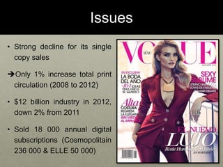 Issues
• Strong decline for its single
copy sales
Only 1% increase total print
circulation (2008 to 2012)
• $12 billion i...