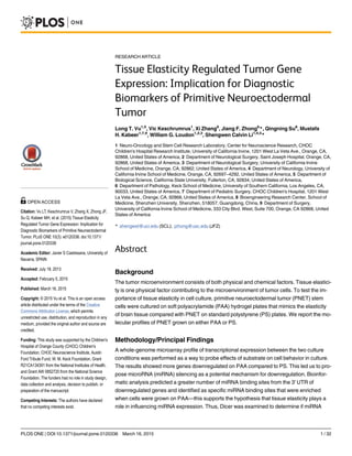RESEARCH ARTICLE
Tissue Elasticity Regulated Tumor Gene
Expression: Implication for Diagnostic
Biomarkers of Primitive Neuroectodermal
Tumor
Long T. Vu1,5
, Vic Keschrumrus1
, Xi Zhang6
, Jiang F. Zhong6
*, Qingning Su8
, Mustafa
H. Kabeer1,7,9
, William G. Loudon1,2,3
, Shengwen Calvin Li1,4,5
*
1 Neuro-Oncology and Stem Cell Research Laboratory, Center for Neuroscience Research, CHOC
Children's Hospital Research Institute, University of California Irvine, 1201 West La Veta Ave., Orange, CA,
92868, United States of America, 2 Department of Neurological Surgery, Saint Joseph Hospital, Orange, CA,
92868, United States of America, 3 Department of Neurological Surgery, University of California Irvine
School of Medicine, Orange, CA, 92862, United States of America, 4 Department of Neurology, University of
California Irvine School of Medicine, Orange, CA, 92697–4292, United States of America, 5 Department of
Biological Science, California State University, Fullerton, CA, 92834, United States of America,
6 Department of Pathology, Keck School of Medicine, University of Southern California, Los Angeles, CA,
90033, United States of America, 7 Department of Pediatric Surgery, CHOC Children's Hospital, 1201 West
La Veta Ave., Orange, CA, 92868, United States of America, 8 Bioengineering Research Center, School of
Medicine, Shenzhen University, Shenzhen, 518057, Guangdong, China, 9 Department of Surgery,
University of California Irvine School of Medicine, 333 City Blvd. West, Suite 700, Orange, CA 92868, United
States of America
* shengwel@uci.edu (SCL); jzhong@usc.edu (JFZ)
Abstract
Background
The tumor microenvironment consists of both physical and chemical factors. Tissue elastici-
ty is one physical factor contributing to the microenvironment of tumor cells. To test the im-
portance of tissue elasticity in cell culture, primitive neuroectodermal tumor (PNET) stem
cells were cultured on soft polyacrylamide (PAA) hydrogel plates that mimics the elasticity
of brain tissue compared with PNET on standard polystyrene (PS) plates. We report the mo-
lecular profiles of PNET grown on either PAA or PS.
Methodology/Principal Findings
A whole-genome microarray profile of transcriptional expression between the two culture
conditions was performed as a way to probe effects of substrate on cell behavior in culture.
The results showed more genes downregulated on PAA compared to PS. This led us to pro-
pose microRNA (miRNA) silencing as a potential mechanism for downregulation. Bioinfor-
matic analysis predicted a greater number of miRNA binding sites from the 3' UTR of
downregulated genes and identified as specific miRNA binding sites that were enriched
when cells were grown on PAA—this supports the hypothesis that tissue elasticity plays a
role in influencing miRNA expression. Thus, Dicer was examined to determine if miRNA
PLOS ONE | DOI:10.1371/journal.pone.0120336 March 16, 2015 1 / 32
a11111
OPEN ACCESS
Citation: Vu LT, Keschrumrus V, Zhang X, Zhong JF,
Su Q, Kabeer MH, et al. (2015) Tissue Elasticity
Regulated Tumor Gene Expression: Implication for
Diagnostic Biomarkers of Primitive Neuroectodermal
Tumor. PLoS ONE 10(3): e0120336. doi:10.1371/
journal.pone.0120336
Academic Editor: Javier S Castresana, University of
Navarra, SPAIN
Received: July 18, 2013
Accepted: February 5, 2015
Published: March 16, 2015
Copyright: © 2015 Vu et al. This is an open access
article distributed under the terms of the Creative
Commons Attribution License, which permits
unrestricted use, distribution, and reproduction in any
medium, provided the original author and source are
credited.
Funding: This study was supported by the Children's
Hospital of Orange County (CHOC) Children's
Foundation, CHOC Neuroscience Institute, Austin
Ford Tribute Fund, W. M. Keck Foundation, Grant
R21CA134391 from the National Institutes of Health,
and Grant AW 0852720 from the National Science
Foundation. The funders had no role in study design,
data collection and analysis, decision to publish, or
preparation of the manuscript.
Competing Interests: The authors have declared
that no competing interests exist.
 