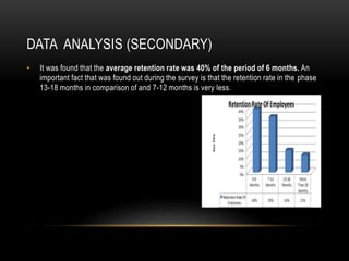 DATA ANALYSIS (SECONDARY)
• It was found that the average retention rate was 40% of the period of 6 months. An
important fact that was found out during the survey is that the retention rate in the phase
13-18 months in comparison of and 7-12 months is very less.
 