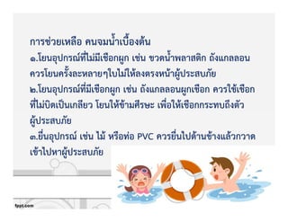 การชZวยเหลือ คนจมน้ําเบื้องตKน
1.โยนอุปกรณ+ที่ไมZมีเชือกผูก เชZน ขวดน้ําพลาสติก ถังแกลลอน
ควรโยนครั้งละหลายๆใบไมZใหKลงตรงหนKาผูKประสบภัย
2.โยนอุปกรณ+ที่มีเชือกผูก เชZน ถังแกลลอนผูกเชือก ควรใชKเชือก
ที่ไมZบิดเปpนเกลียว โยนใหKขKามศีรษะ เพื่อใหKเชือกกระทบถึงตัว
ผูKประสบภัย
3.ยื่นอุปกรณ+ เชZน ไมK หรือทZอ PVC ควรยื่นไปดKานขKางแลKวกวาด
เขKาไปหาผูKประสบภัย
 