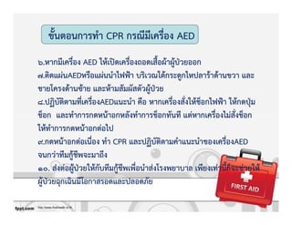 ขั้นตอนการทํา CPR กรณีมีเครื่อง AED
6.หากมีเครื่อง AED ใหKเปtดเครื่องถอดเสื้อผKาผูKปbวยออก
7.ติดแผZนAEDหรือแผZนนําไฟฟqา บริเวณใตKกระดูกไหปลารKาดKานขวา และ
ชายโครงดKานซKาย และหKามสัมผัสตัวผูKปbวย
8.ปฏิบัติตามที่เครื่องAEDแนะนํา คือ หากเครื่องสั่งใหKช็อกไฟฟqา ใหKกดปุbม
ช็อก และทําการกดหนKาอกหลังทําการช็อกทันที แตZหากเครื่องไมZสั่งช็อก
ใหKทําการกดหนKาอกตZอไป
9.กดหนKาอกตZอเนื่อง ทํา CPR และปฏิบัติตามคําแนะนําของเครื่องAED
จนกวZาทีมกูKชีพจะมาถึง
10. สZงตZอผูKปbวยใหKกับทีมกูKชีพเพื่อนําสZงโรงพยาบาล เพียงเทZานี้ก็จะชZวยใหK
ผูKปbวยฉุกเฉินมีโอกาสรอดและปลอดภัย
http://www.thaihealth.or.th
 