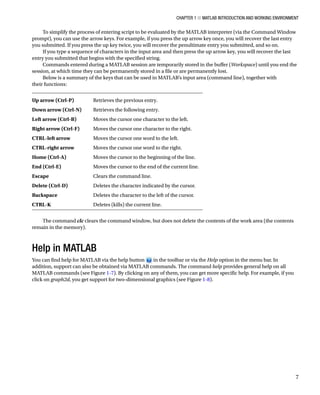 Chapter 1 ■ MATLAB Introduction and Working Environment
7
To simplify the process of entering script to be evaluated by the MATLAB interpreter (via the Command Window
prompt), you can use the arrow keys. For example, if you press the up arrow key once, you will recover the last entry
you submitted. If you press the up key twice, you will recover the penultimate entry you submitted, and so on.
If you type a sequence of characters in the input area and then press the up arrow key, you will recover the last
entry you submitted that begins with the specified string.
Commands entered during a MATLAB session are temporarily stored in the buffer (Workspace) until you end the
session, at which time they can be permanently stored in a file or are permanently lost.
Below is a summary of the keys that can be used in MATLAB’s input area (command line), together with
their functions:
Up arrow (Ctrl-P) Retrieves the previous entry.
Down arrow (Ctrl-N) Retrieves the following entry.
Left arrow (Ctrl-B) Moves the cursor one character to the left.
Right arrow (Ctrl-F) Moves the cursor one character to the right.
CTRL-left arrow Moves the cursor one word to the left.
CTRL-right arrow Moves the cursor one word to the right.
Home (Ctrl-A) Moves the cursor to the beginning of the line.
End (Ctrl-E) Moves the cursor to the end of the current line.
Escape Clears the command line.
Delete (Ctrl-D) Deletes the character indicated by the cursor.
Backspace Deletes the character to the left of the cursor.
CTRL-K Deletes (kills) the current line.
The command clc clears the command window, but does not delete the contents of the work area (the contents
remain in the memory).
Help in MATLAB
You can find help for MATLAB via the help button in the toolbar or via the Help option in the menu bar. In
addition, support can also be obtained via MATLAB commands. The command help provides general help on all
MATLAB commands (see FigureÂ€1-7). By clicking on any of them, you can get more specific help. For example, if you
click on graph2d, you get support for two-dimensional graphics (see FigureÂ€1-8).
 