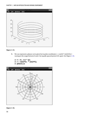 Chapter 1 ■ MATLAB Introduction and Working Environment
16
5. We can represent a planar curve given by its polar coordinates r = cos(2t) * sin(2t) for t
varying in the range between 0 and p by equally spaced points 0.01 apart. See FigureÂ€1-16.
â•›
 t = 0:. 1:2 * pi;
 r = sin(2*t). * cos(2*t);
 polar(t,r)
â•›
Figure 1-15.â•‡Â€
Figure 1-16.â•‡Â€
 