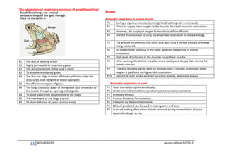 The adaptation of respiratory structure of amphibians(frog)

Essays
Anaerobic respiration in human muscle
P1
During a vigorous exercise (running), the breathing rate is increased.
P2
This is to supply more oxygen to the muscles for rapid muscular contraction.
P3
P4

However, the supply of oxygen to muscles is still insufficient.
and the muscles have to carry out anaerobic respiration to release energy.

P5

The glucose is converted into lactic acid, with only a limited amount of energy
being produced.
An oxygen debt builds up in the body, when no oxygen use in energy
production.
High level of lactic acid in the muscles cause them to ache.
After running, the athlete breathes more rapidly and deeply than normal for
twenty minutes.
There is recovery period after 10 minutes until it reaches 20 minutes when
oxygen is paid back during aerobic respiration.
About 1/6 lactic acid is oxidized to carbon dioxide, water and energy.

P6

F1
E1
F2
E2
F3
E3
F4
E4
F5
E5

The skin of the frog is thin
highly permeable to respiratory gases
The skin/membrane of the lung is moist
To dissolve respiratory gases
The skin has alrge number of blood capillaries under the
skin/ lungs have network of blood capillaries
For efficient transport of gases
The lungs consist of a pair of thin walled sacs connected to
the mouth through an opening called glottis
To allow gases from mouth move to the lungs
The membrane of the lungs are thin
To allow diffusion of gases to occur easily

33

BIOLOGYLOVE

P7
P8
P9
P10

Anaerobic respiration in yeast
P1 Yeast normally respires aerobically.
P2 Under anaerobic condition, yeast carry out anaerobic respiration.
P3 Produces ethanol.
P4 Process known as fermentation.
P5 Catalysed by the enzyme zymase.
P6 Ethanol produced can be used in making wine and beer.
P7 In bread making, the carbon dioxide released during fermentation of yeast
causes the dough to rise.

second edition 2.0/2012

 