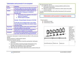 Colonisation and succession in an ecosystem
Term
Species

Definition
A group of organisms that look alike and capable
of interbreeding and producing fertile offspring
The natural environment in which organism can
get food, shelter, living space, nesting and
breeding sites
1. The function of an organism or the role it
play in an ecosystem
2. And the space it occupies

Habitat

Niche

Example : the grasshopper eats grass in the field

Population
Community
Ecosystem

So the idea of an ecological niche is very simple.
You just need to know where the animal or plant
and what it does
A group of organism of the same species living in
the same habitat at the same time
All the plant and animals species living within a
defined area or habitat in an ecosystem
A community of living organism interacting whith
each other and with the non-living environment

The role of pioneer species :
Modify the environment, creating conditions which are less
favourable to themselves.
Make the condition more conducive to other species that called
successor species.
(in other words, the pioneer will sacrifice themselves for the successor
species).

Colonisation and succesion in mangrove swamp
Pioneer species :
Avicennia sp. (sea)
Sonneratia sp. (river)

Colonisation takes place in newly formed area where no life previously
existed.
The first colonizer is called pioneer species
Adaptation of pioneer species
 Have dense root system to bind the sand particle, hold water
and humus.
 Have root nodules containing nitrogen fixing bacteria to fix
Nitrogen from atmosphere to form nitrate as fertilizer.
 Have short life cycle/colonize open space faster.
 When they die, their remains add to the humus content of the soil

37

BIOLOGYLOVE

second edition 2.0/2012

 