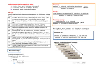 Colonisation and succession in pond

Frequency :

Pioneer : Elodea sp. and Hydrilla sp. (submerged)
Successor 1 : Lemna sp. and Pistia sp. (floating)
Successor 2 : Sedges and cattails (emergent)

x 100%
Density :

Essays
Explain how colonization and succession bring about the formation of primary
forest
P1
Activities of pioneer species (submerged plant) causes change in the
environment/ habitat, make it more suitable for other species
P2
The remains of plant/decayed bodies sinked/deposited in the pond
bed
P3
Water level in the pond decreases//pond becomes shallower
P4
Also add nutrients to pond water/soil//changes water/soil pH
P5
Favours the growth of floating plants(any example) to replace the
pioneer species
P6
Floating plants cover the water surface, preventing light from
penetrating the water/cause less rate of photosynthesis in the pond
P7
Results in greater rate of plant death which sink to the bottom/bed of
pond
P8
Raising the pond bed/making the pond shallower
P9
Floating plants are gradually replaced by emergent plants (example of
plant)
P10
The successor causes further changes to the habitat/pond make it
more favourable for emergent plants to grow
P11
Finally, emergent plant are replaced by land/terrestrial community
which dominates the area

Percentage coverage :

x 100%
The capture, mark, release and recapture technique
Population size :

Hierarchy in the classification of organisms

Population ecology
Quadrat sampling technique
This technic can be used to determine
 Frequency
 Density
 Percentage coverage

39

BIOLOGYLOVE

second edition 2.0/2012

 