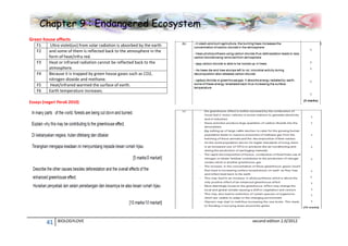 Chapter 9 : Endangered Ecosystem
Green house effects
F1
F2
F3
F4
F5
F6

Ultra violet(uv) from solar radiation is absorbed by the earth
and some of them is reflected back to the atmosphere in the
form of heat/infra red.
Heat or infrared radiation cannot be reflected back to the
atmosphere.
Because it is trapped by green house gases such as CO2,
nitrogen dioxide and methane.
Heat/infrared warmed the surface of earth.
Earth temperature increases.

Essays (negeri Perak 2010)

41

BIOLOGYLOVE

second edition 2.0/2012

 