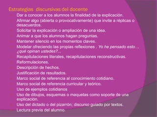 Estrategias discursivas del docente
 Dar a conocer a los alumnos la finalidad de la explicación.
 Afirmar algo (abierta o provocativamente) que invite a réplicas o
  desacuerdos.
 Solicitar la explicación o ampliación de una idea.
 Animar a que los alumnos hagan preguntas.
 Mantener silencio en los momentos claves.
 Modelar ofreciendo las propias reflexiones . Yo he pensado esto…
  ¿qué opinan ustedes?...
 Recapitulaciones literales, recapitulaciones reconstructivas.
 Reformulaciones.
 Descripción de hechos.
 Justificación de resultados.
 Marco social de referencia al conocimiento cotidiano.
 Marco social de referencia curricular y teórico.
 Uso de ejemplos cotidianos
 Uso de dibujos, esquemas o maquetas como soporte de una
  explicación.
 Uso del dictado o del pizarrón; discurso guiado por textos.
 Lectura previa del alumno.
 