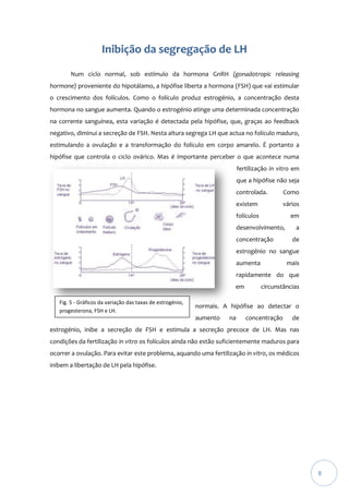 Inibição da segregação de LH
Num ciclo normal, sob estímulo da hormona GnRH (gonadotropic releasing
hormone) proveniente do hipotálamo, a hipófise liberta a hormona (FSH) que vai estimular
o crescimento dos folículos. Como o folículo produz estrogénio, a concentração desta
hormona no sangue aumenta. Quando o estrogénio atinge uma determinada concentração
na corrente sanguínea, esta variação é detectada pela hipófise, que, graças ao feedback
negativo, diminui a secreção de FSH. Nesta altura segrega LH que actua no folículo maduro,
estimulando a ovulação e a transformação do folículo em corpo amarelo. É portanto a
hipófise que controla o ciclo ovárico. Mas é importante perceber o que acontece numa
fertilização in vitro em
que a hipófise não seja
controlada.

Como

existem

vários

folículos

em

desenvolvimento,
concentração

a
de

estrogénio no sangue
aumenta

mais

rapidamente do que
em
Fig. 5 - Gráficos da variação das taxas de estrogénio,
progesterona, FSH e LH.

circunstâncias

normais. A hipófise ao detectar o
aumento

na

concentração

de

estrogénio, inibe a secreção de FSH e estimula a secreção precoce de LH. Mas nas
condições da fertilização in vitro os folículos ainda não estão suficientemente maduros para
ocorrer a ovulação. Para evitar este problema, aquando uma fertilização in vitro, os médicos
inibem a libertação de LH pela hipófise.

8

 