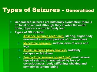 Types of Seizures - Generalized
 Generalized seizures are bilaterally symmetric; there is
no local onset and although they involve the entire
brain, physical control is rarely lost.
 Types of GS include:
i. Absence seizures (petit mal)- staring, slight body
movement and short periods of unawareness
ii. Myoclonic seizures- sudden jerks of arms and
legs
iii. Atonic seizures (drop attacks)- suddenly
collapse or fall down
iv. Tonic-clonic seizures (grand mal)- most severe
type of seizure; characterized by loss of
consciousness, body stiffening, shaking and
sometimes tongue biting 7
 
