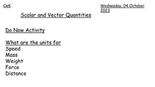 Wednesday, 04 October
2023
CwK
Scalar and Vector Quantities
Do Now Activity
What are the units for
Speed
Mass
Weight
Force
Distance
 