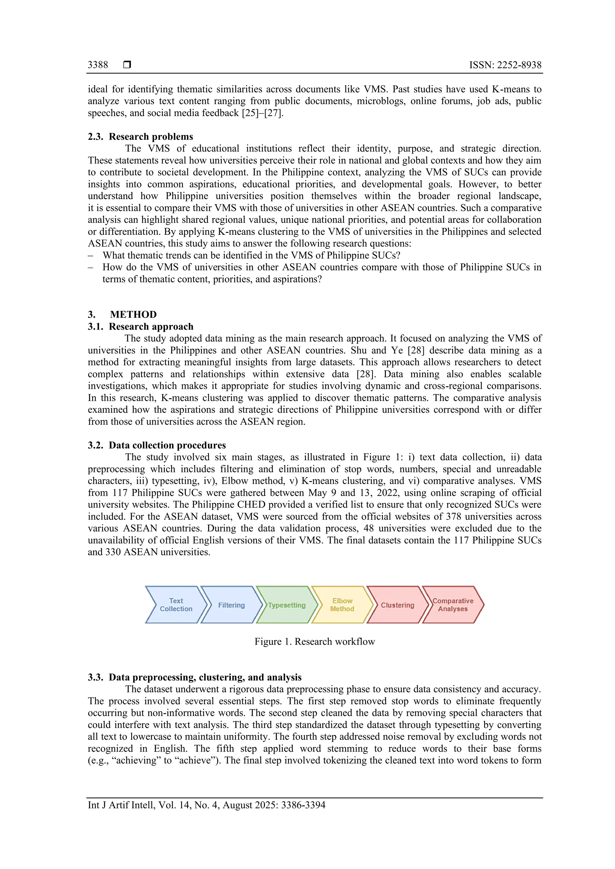  ISSN: 2252-8938
Int J Artif Intell, Vol. 14, No. 4, August 2025: 3386-3394
3388
ideal for identifying thematic similarities across documents like VMS. Past studies have used K-means to
analyze various text content ranging from public documents, microblogs, online forums, job ads, public
speeches, and social media feedback [25]–[27].
2.3. Research problems
The VMS of educational institutions reflect their identity, purpose, and strategic direction.
These statements reveal how universities perceive their role in national and global contexts and how they aim
to contribute to societal development. In the Philippine context, analyzing the VMS of SUCs can provide
insights into common aspirations, educational priorities, and developmental goals. However, to better
understand how Philippine universities position themselves within the broader regional landscape,
it is essential to compare their VMS with those of universities in other ASEAN countries. Such a comparative
analysis can highlight shared regional values, unique national priorities, and potential areas for collaboration
or differentiation. By applying K-means clustering to the VMS of universities in the Philippines and selected
ASEAN countries, this study aims to answer the following research questions:
‒ What thematic trends can be identified in the VMS of Philippine SUCs?
‒ How do the VMS of universities in other ASEAN countries compare with those of Philippine SUCs in
terms of thematic content, priorities, and aspirations?
3. METHOD
3.1. Research approach
The study adopted data mining as the main research approach. It focused on analyzing the VMS of
universities in the Philippines and other ASEAN countries. Shu and Ye [28] describe data mining as a
method for extracting meaningful insights from large datasets. This approach allows researchers to detect
complex patterns and relationships within extensive data [28]. Data mining also enables scalable
investigations, which makes it appropriate for studies involving dynamic and cross-regional comparisons.
In this research, K-means clustering was applied to discover thematic patterns. The comparative analysis
examined how the aspirations and strategic directions of Philippine universities correspond with or differ
from those of universities across the ASEAN region.
3.2. Data collection procedures
The study involved six main stages, as illustrated in Figure 1: i) text data collection, ii) data
preprocessing which includes filtering and elimination of stop words, numbers, special and unreadable
characters, iii) typesetting, iv), Elbow method, v) K-means clustering, and vi) comparative analyses. VMS
from 117 Philippine SUCs were gathered between May 9 and 13, 2022, using online scraping of official
university websites. The Philippine CHED provided a verified list to ensure that only recognized SUCs were
included. For the ASEAN dataset, VMS were sourced from the official websites of 378 universities across
various ASEAN countries. During the data validation process, 48 universities were excluded due to the
unavailability of official English versions of their VMS. The final datasets contain the 117 Philippine SUCs
and 330 ASEAN universities.
Figure 1. Research workflow
3.3. Data preprocessing, clustering, and analysis
The dataset underwent a rigorous data preprocessing phase to ensure data consistency and accuracy.
The process involved several essential steps. The first step removed stop words to eliminate frequently
occurring but non-informative words. The second step cleaned the data by removing special characters that
could interfere with text analysis. The third step standardized the dataset through typesetting by converting
all text to lowercase to maintain uniformity. The fourth step addressed noise removal by excluding words not
recognized in English. The fifth step applied word stemming to reduce words to their base forms
(e.g., “achieving” to “achieve”). The final step involved tokenizing the cleaned text into word tokens to form
 