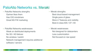 © 2010 Cisco and/or its affiliates. All rights reserved. Cisco Confidential 28
• PaloAlto Networks strengths
Gartner likes them
Has CIO mindshare
Great NG FW marketing
• PaloAlto Networks weaknesses
Weak on distributed deployments
No 3G / 4G failover
No wireless / switch
Network management requires additional
software / servers
• Meraki strengths
Best cloud-based management
Single pane of glass
More L7 features and visibility
Best-in-class IDS / CF / AV
• Meraki weaknesses
Not designed for datacenters
Less customization
Not focused on raw speed
 