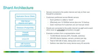 © 2010 Cisco and/or its affiliates. All rights reserved. Cisco Confidential 9
• Servers connects to the public internet and rely on their own
firewall for protection.
• Customers partitioned across Meraki servers
• Each partition is called a “shard”
• Effectively one 1U RAIDed server plus one 1U backup
• Goal: maximize # of customers we can host per shard
• Shards are connected to the public internet via gigE and to each
other (over an untrusted connection) via gigE.
• Example numbers from a representative shard:
• 15,000 Meraki devices (APs, firewalls, switches)
• 300,000 clients (laptops, servers, printers) per day
• Total of 300 GB of stats, dating back over a year
• Gathers new data from every device every 45 secondsx86 machine
(not virtualized)
Linux 2.6
Firewall
(iptables)
Database (PostgreSQL)
Web Server
(Apache and nginx)
Application Server (Rails)
 