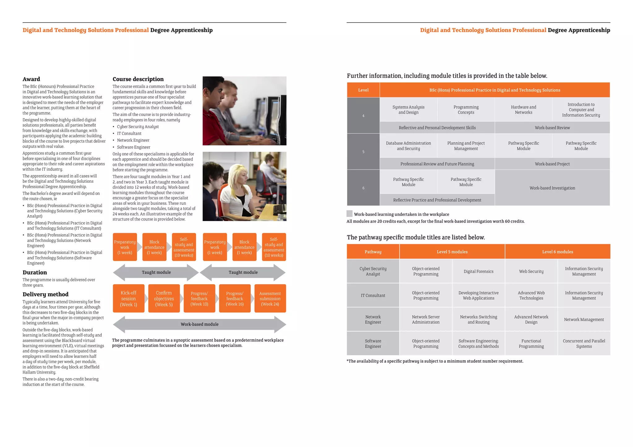Digital and Technology Solutions Professional Degree ApprenticeshipDigital and Technology Solutions Professional Degree Apprenticeship
Award
The BSc (Honours) Professional Practice
in Digital and Technology Solutions is an
innovative work-based learning solution that
is designed to meet the needs of the employer
and the learner, putting them at the heart of
the programme.
Designed to develop highly-skilled digital
solutions professionals, all parties benefit
from knowledge and skills exchange, with
participants applying the academic building
blocks of the course to live projects that deliver
outputs with real value.
Apprentices study a common first year
before specialising in one of four disciplines
appropriate to their role and career aspirations
within the IT industry.
The apprenticeship award in all cases will
be the Digital and Technology Solutions
Professional Degree Apprenticeship.
The Bachelor’s degree award will depend on
the route chosen, ie
•	BSc (Hons) Professional Practice in Digital
and Technology Solutions (Cyber Security
Analyst)
•	BSc (Hons) Professional Practice in Digital
and Technology Solutions (IT Consultant)
•	BSc (Hons) Professional Practice in Digital
and Technology Solutions (Network
Engineer)
•	BSc (Hons) Professional Practice in Digital
and Technology Solutions (Software
Engineer)
Duration
The programme is usually delivered over
three years.
Delivery method
Typically learners attend University for five
days at a time, four times per year, although
this decreases to two five-day blocks in the
final year when the major in-company project
is being undertaken.
Outside the five-day blocks, work-based
learning is facilitated through self-study and
assessment using the Blackboard virtual
learning environment (VLE), virtual meetings
and drop-in sessions. It is anticipated that
employers will need to allow learners half
a day of study time per week, per module,
in addition to the five-day block at Sheffield
Hallam University.
There is also a two-day, non-credit bearing
induction at the start of the course.
Course description
The course entails a common first year to build
fundamental skills and knowledge before
apprentices pursue one of four specialist
pathways to facilitate expert knowledge and
career progression in their chosen field.
The aim of the course is to provide industry-
ready employees in four roles, namely
•	 Cyber Security Analyst
•	 IT Consultant
•	 Network Engineer
•	 Software Engineer
Only one of these specialisms is applicable for
each apprentice and should be decided based
on the employment role within the workplace
before starting the programme.
There are four taught modules in Year 1 and
2, and two in Year 3. Each taught module is
divided into 12 weeks of study. Work-based
learning modules throughout the course
encourage a greater focus on the specialist
areas of work in your business. These run
alongside two taught modules, taking a total of
24 weeks each. An illustrative example of the
structure of the course is provided below.
The programme culminates in a synoptic assessment based on a predetermined workplace
project and presentation focussed on the learners chosen specialism.
Level BSc (Hons) Professional Practice in Digital and Technology Solutions
4
Systems Analysis
and Design
Programming
Concepts
Hardware and
Networks
Introduction to
Computer and
Information Security
Reflective and Personal Development Skills Work-based Review
5
Database Administration
and Security
Planning and Project
Management
Pathway Specific
Module
Pathway Specific
Module
Professional Review and Future Planning Work-based Project
6
Pathway Specific
Module
Pathway Specific
Module
Work-based Investigation
Reflective Practice and Professional Development
Further information, including module titles is provided in the table below.
The pathway specific module titles are listed below.
Work-based learning undertaken in the workplace
All modules are 20 credits each, except for the final work-based investigation worth 60 credits.
*The availability of a specific pathway is subject to a minimum student number requirement.
Pathway Level 5 modules Level 6 modules
Cyber Security
Analyst
Object-oriented
Programming
Digital Forensics Web Security
Information Security
Management
IT Consultant
Object-oriented
Programming
Developing Interactive
Web Applications
Advanced Web
Technologies
Information Security
Management
Network
Engineer
Network Server
Administration
Networks: Switching
and Routing
Advanced Network
Design
Network Management
Software
Engineer
Object-oriented
Programming
Software Engineering:
Concepts and Methods
Functional
Programming
Concurrent and Parallel
Systems
Preparatory
work
(1 week)
Kick-off
session
(Week 1)
Confirm
objectives
(Week 5)
Progress/
feedback
(Week 10)
Progress/
feedback
(Week 16)
Assessment
submission
(Week 24)
Preparatory
work
(1 week)
Block
attendance
(1 week)
Block
attendance
(1 week)
Self-
study and
assessment
(10 weeks)
Self-
study and
assessment
(10 weeks)
Work-based module
Taught module Taught module
 
