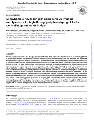 Journal of Experimental Botany
doi:10.1093/jxb/erv251
This paper is available online free of all access charges (see http://jxb.oxfordjournals.org/open_access.html for further details)
RESEARCH PAPER
LeasyScan: a novel concept combining 3D imaging
and lysimetry for high-throughput phenotyping of traits
controlling plant water budget
Vincent Vadez1,
*, Jana Kholová1
, Grégoire Hummel2
, Uladzimir Zhokhavets2
, S.K. Gupta1
and C. Tom Hash3
1 
ICRISAT—Crop Physiology Laboratory, Greater Hyderabad, Patancheru 502324, Telangana, India
2 
Phenospex, Jan Campertstraat 11 / NL-6416 SG Heerlen, The Netherlands
3 
ICRISAT, Sahelian Center, Pearl Millet Breeding, BP 12404, Niamey, Niger
* To whom correspondence should be addressed. E-mail: v.vadez@cgiar.org
Received 6 March 2015; Revised 21 April 2015; Accepted 28 April 2015
Editor: Roland Pieruschka
Abstract
In this paper, we describe the thought process and initial data behind the development of an imaging platform
(LeasyScan) combined with lysimetric capacity, to assess canopy traits affecting water use (leaf area, leaf area index,
transpiration). LeasyScan is based on a novel 3D scanning technique to capture leaf area development continuously,
a scanner-to-plant concept to increase imaging throughput and analytical scales to combine gravimetric transpiration
measurements. The paper presents how the technology functions, how data are visualised via a web-based interface
and how data extraction and analysis is interfaced through ‘R’ libraries. Close agreement between scanned and
observed leaf area data of individual plants in different crops was found (R2
between 0.86 and 0.94). Similar agreement
was found when comparing scanned and observed area of plants cultivated at densities reflecting field conditions (R2
between 0.80 and 0.96). An example in monitoring plant transpiration by the analytical scales is presented. The last
section illustrates some of the early ongoing applications of the platform to target key phenotypes: (i) the comparison
of the leaf area development pattern of fine mapping recombinants of pearl millet; (ii) the leaf area development pat-
tern of pearl millet breeding material targeted to different agro-ecological zones; (iii) the assessment of the transpi-
ration response to high VPD in sorghum and pearl millet. This new platform has the potential to phenotype for traits
controlling plant water use at a high rate and precision, of critical importance for drought adaptation, and creates an
opportunity to harness their genetics for the breeding of improved varieties.
Key words:   Drought, gravimetric transpiration, high-throughput phenotyping, lysimetric platform, multi-discipline, physiology,
vapour pressure deficit, 3D laser scanner.
Introduction
In a companion paper we have reviewed the opportunities
that imaging technology now offers to the field of plant phe-
notyping (Vadez et al., 2015—unpublished), in addition to
recent reviews (Fiorani and Schurr 2013; Deery et al., 2014;
Li et al., 2014). We have also laid out the potential risks and
opportunities of these new technologies and argued for the
need to have research questions driving the development of
phenotyping platforms to target those phenotypes that are
This is an Open Access article distributed under the terms of the Creative Commons Attribution License (http://creativecommons.org/licenses/by/3.0/), which
permits unrestricted reuse, distribution, and reproduction in any medium, provided the original work is properly cited.
© The Author 2015. Published by Oxford University Press on behalf of the Society for Experimental Biology.
Journal of Experimental Botany Advance Access published June 1, 2015
byguestonJune2,2015http://jxb.oxfordjournals.org/Downloadedfrom
 