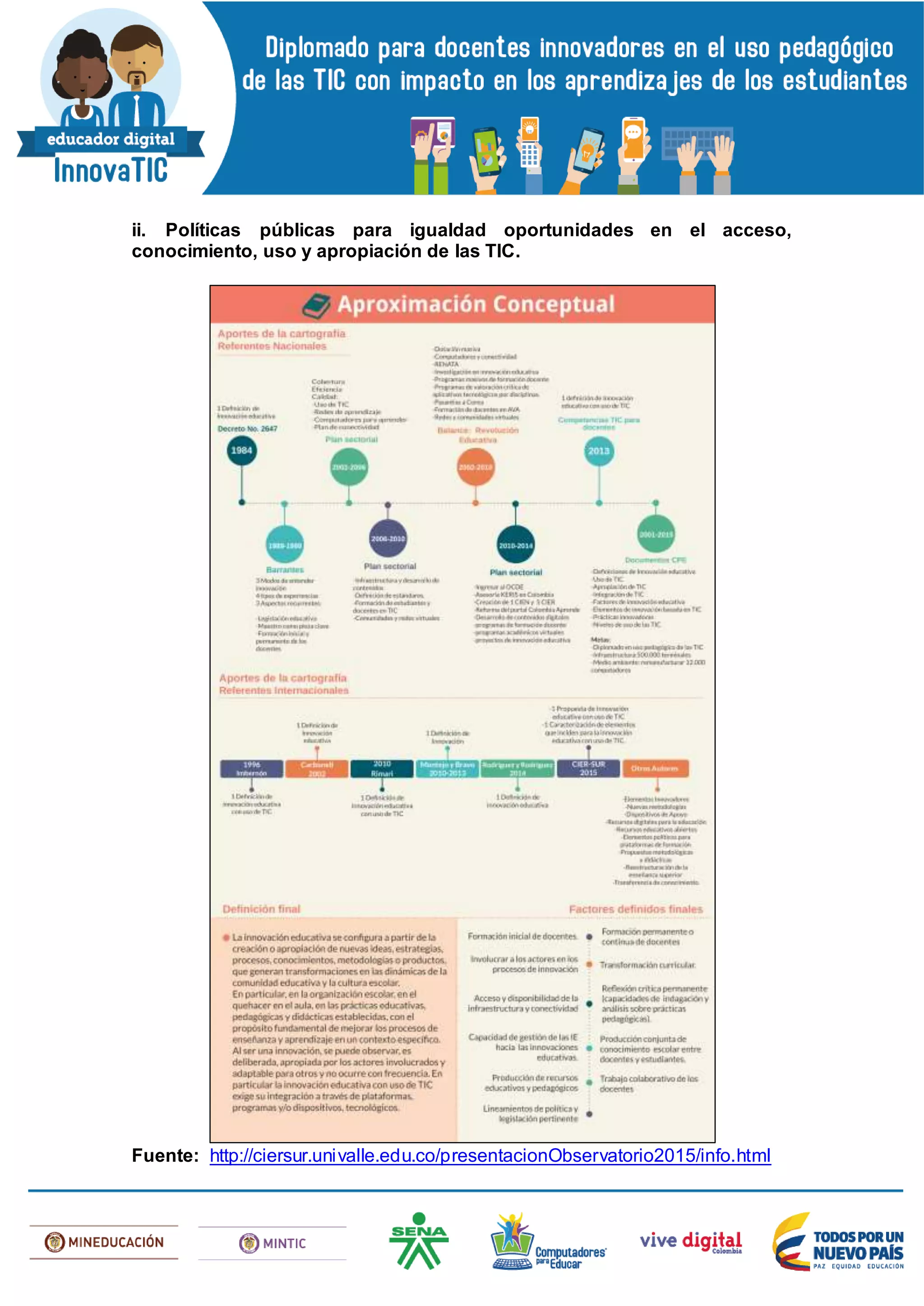 ii. Políticas públicas para igualdad oportunidades en el acceso,
conocimiento, uso y apropiación de las TIC.
Fuente: http://ciersur.univalle.edu.co/presentacionObservatorio2015/info.html
 