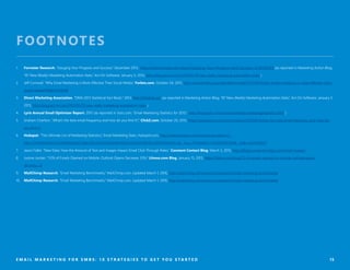 15
FOOTNOTES
1.	 Forrester Research, “Gauging Your Progress and Success,” December 2013, https://www.forrester.com/report/Gauging+Your+Progress+And+Success/-/E-RES95303 (as reported in Marketing Action Blog,
“87 New (Really) Marketing Automation Stats,” Act-On Software, January 5, 2015, http://blog.act-on.com/2015/01/70-new-really-marketing-automation-stats/).
2.	 Jeff Cornwall, “Why Email Marketing is More Effective Than Social Media,” Forbes.com, October 24, 2015, http://www.forbes.com/sites/jeffcornwall/2015/10/24/why-email-marketing-is-more-effective-than-
social-media/#58fd7eb76595.
3.	 Direct Marketing Association, “DMA 2013 Statistical Fact Book,” 2013, http://thedma.org, (as reported in Marketing Action Blog, “87 New (Really) Marketing Automation Stats,” Act-On Software, January 5,
2015, http://blog.act-on.com/2015/01/70-new-really-marketing-automation-stats/).
4.	 Lyris Annual Email Optimizer Report, 2015 (as reported in Josic.com, “Email Marketing Statistics for 2015,” http://www.josic.com/resources/email-marketing/statistics-2015.)
5.	 Graham Charlton, “What’s the best email frequency and how do you find it?,” ClickZ.com, October 20, 2015, https://www.clickz.com/clickz/column/2431087/whats-the-best-email-frequency-and-how-do-
you-find-it.
6.	 Hubspot, “The Ultimate List of Marketing Statistics,” Email Marketing Stats, Hubspot.com, http://www.hubspot.com/marketing-statistics?__
hstc=174556925.0c422c5f185d2a43077abc23bc2f223d.1452281160134.1452281160134.1455919791345.2&__hssc=174556925.1.1455919791345&__hsfp=2625430613.
7.	 Jason Fidler, “New Data: How the Amount of Text and Images Impact Email Click-Through Rates,” Constant Contact Blog, March 3, 2015, http://blogs.constantcontact.com/email-images/.
8.	 Justine Jordan, “53% of Emails Opened on Mobile; Outlook Opens Decrease 33%,” Litmus.com Blog, January 15, 2015, https://litmus.com/blog/53-of-emails-opened-on-mobile-outlook-opens-
decrease-33.
9.	 MailChimp Research, “Email Marketing Benchmarks,” MailChimp.com, Updated March 1, 2016, http://mailchimp.com/resources/research/email-marketing-benchmarks/.
10.	 MailChimp Research, “Email Marketing Benchmarks,” MailChimp.com, Updated March 1, 2016, http://mailchimp.com/resources/research/email-marketing-benchmarks/.
E M A I L M A R K E T I N G F O R S M B S : 1 0 S T R A T E G I E S T O G E T Y O U S T A R T E D
 