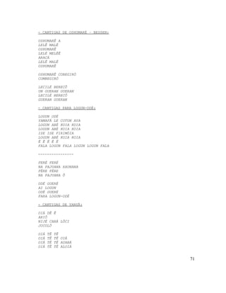 - CANTIGAS DE OSHUMARÉ – BESSEN:
OSHUMARÊ A
LELÊ MALÊ
OSHUMARÊ
LELÉ MELÊÊ
ARACÁ
LELÊ MALÊ
OSHUMARÊ
OSHUMARÊ COBEGIRÓ
COMBEGIRÓ
LECILÉ BERECÔ
UN GUERAN GUERAN
LECILÉ BERECÔ
GUERAN GUERAN
- CANTIGAS PARA LOGUN-ODÉ:
LOGUN ODÉ
YAMAFÁ LE COTUN AYA
LOGUN ABÉ KOIA KOIA
LOGUN ABÉ KOIA KOIA
ISE ISE FIRIMÓIA
LOGUN ABÉ KOIA KOIA
Ê Ê Ê Ê Ê
FALA LOGUN FALA LOGUN LOGUN FALA
----------------
FERÉ FERÉ
NA PAJUANA XAUNANA
FÉRE FÉRE
NA PAJUANA Ô
ODÉ GUERÉ
AI LOGUN
ODÉ GUERÉ
FARA LOGUN-ODÉ
- CANTIGAS DE YANSÃ:
OIÁ DÊ Ê
ARIÔ
NIJÉ CARÁ LÔCI
JOCOLÔ
OIÁ TÊ TÊ
OIÁ TÊ TÊ OIÁ
OIÁ TÊ TÊ AUABÁ
OIÁ TÊ TÊ ALOIÁ
71
 